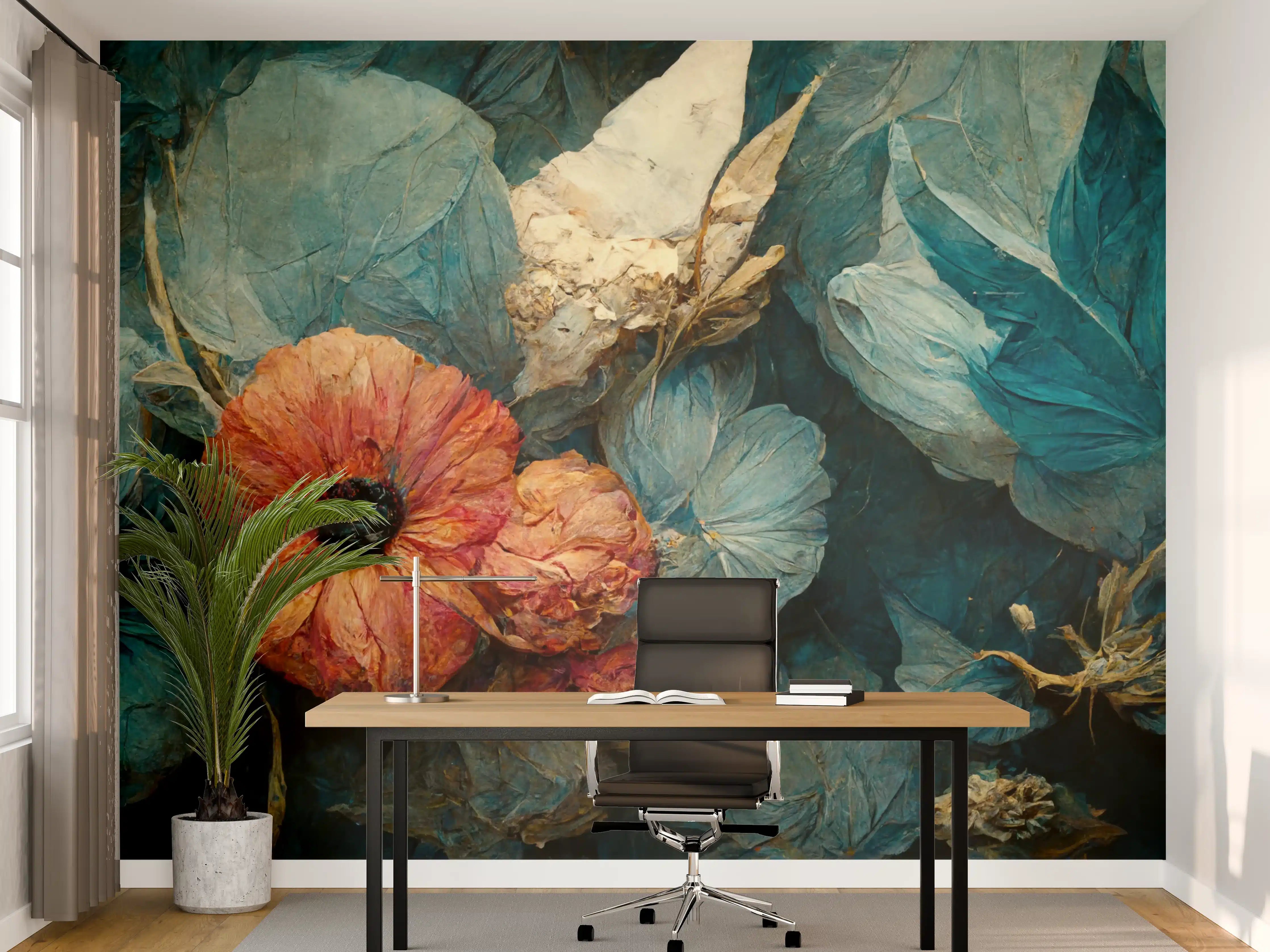 Büro Wandgestaltung - Blumen in Blau und Orange mit dunklem Hintergrund
