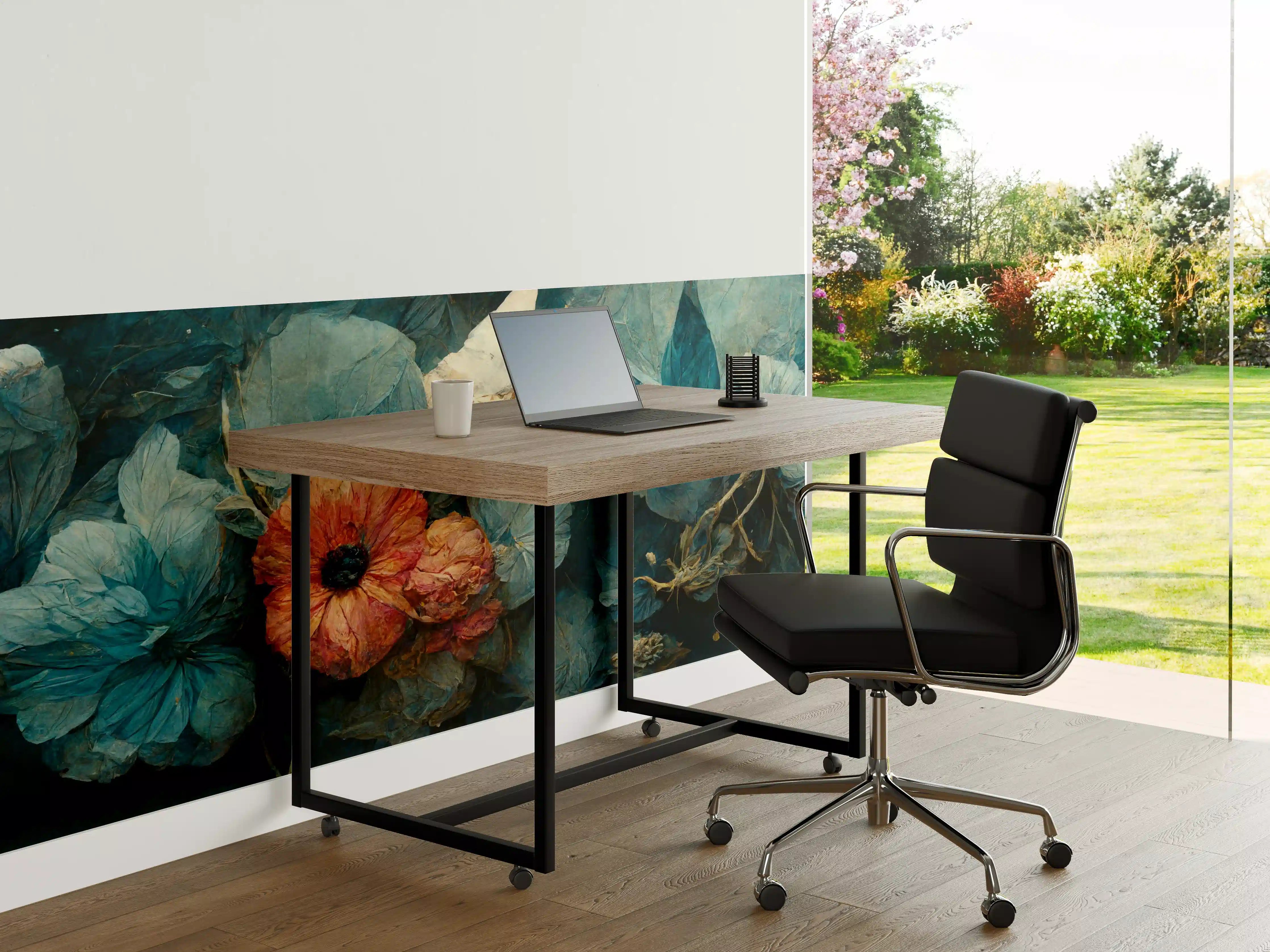Büro Wandgestaltung - Blumen in Blau und Orange mit dunklem Hintergrund