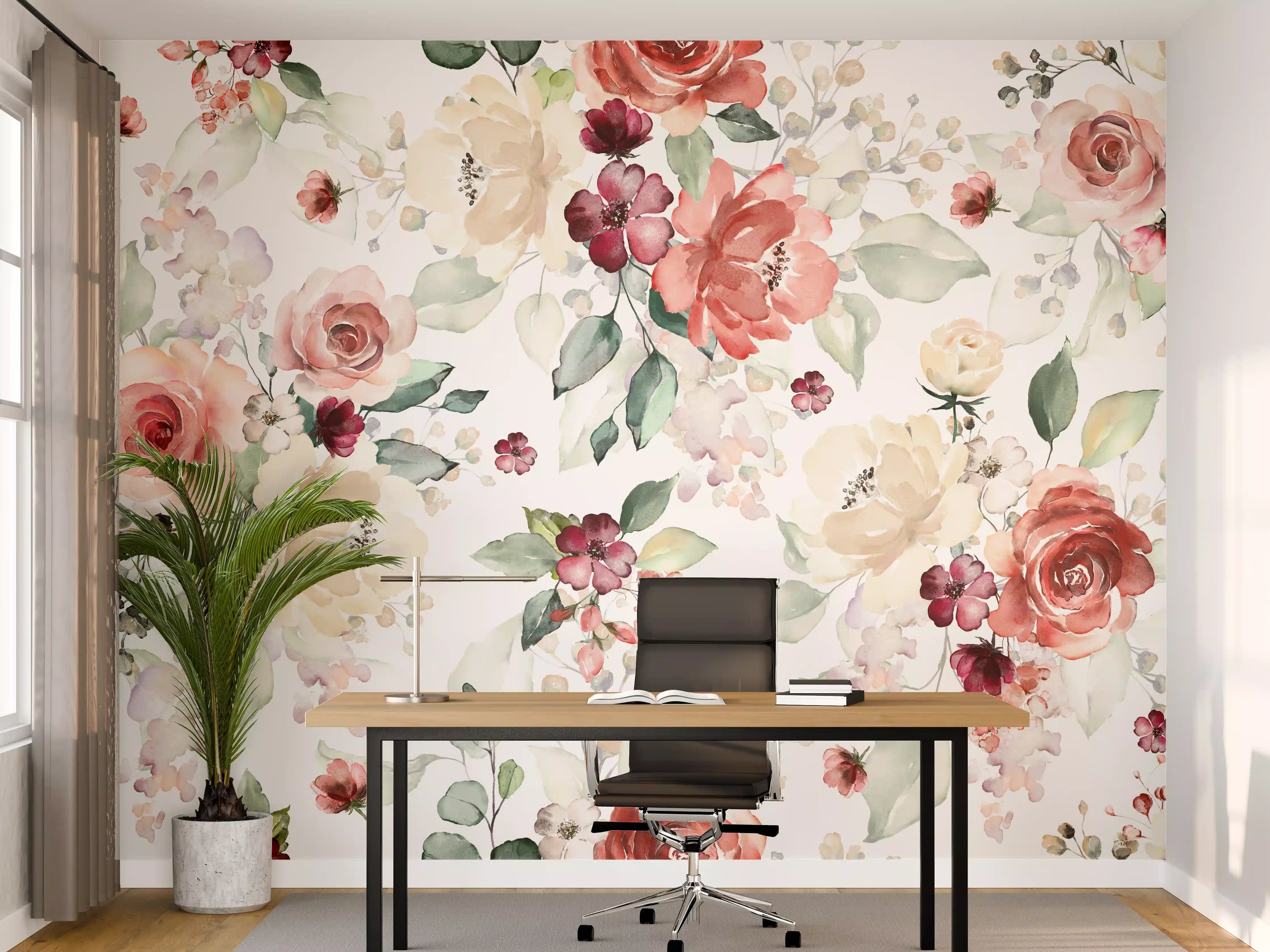 Büro Wandgestaltung - Blumen und Blätter im Tapeten-Stil