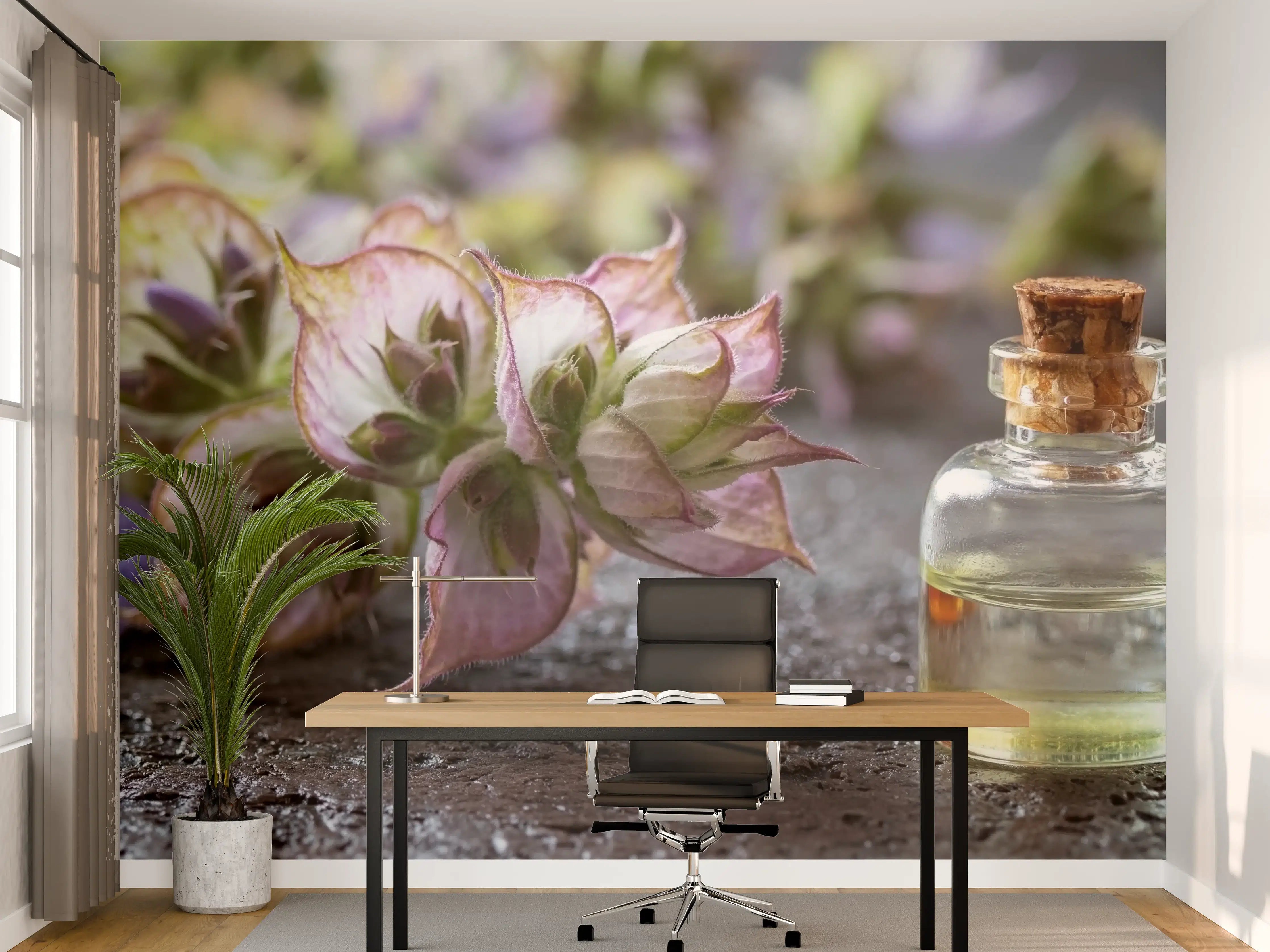 Büro Wandgestaltung - Blumen und ätherische Öle in kleinen Fläschchen