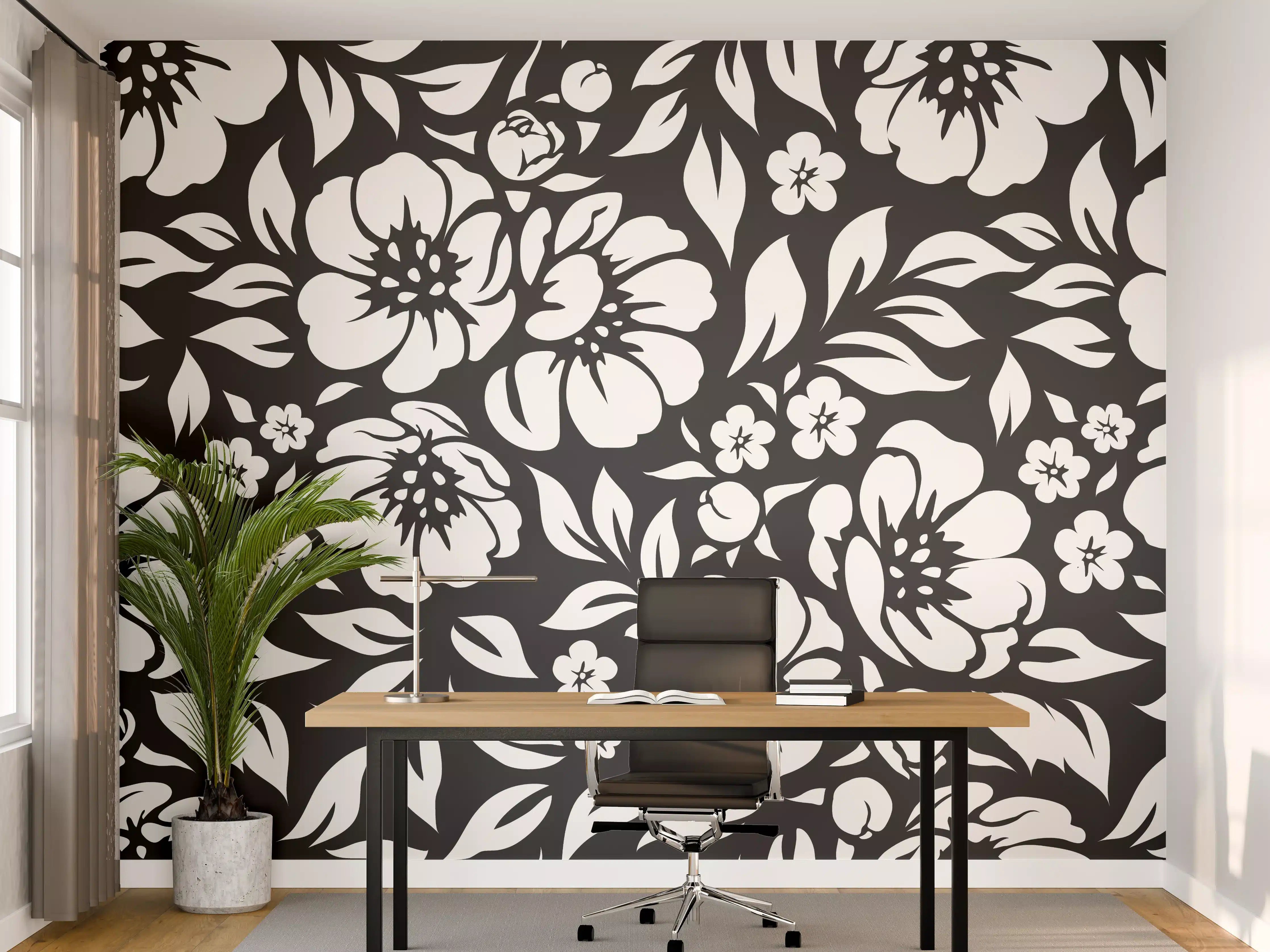 Büro Wandgestaltung - Blumenmuster Schwarz-Weiß