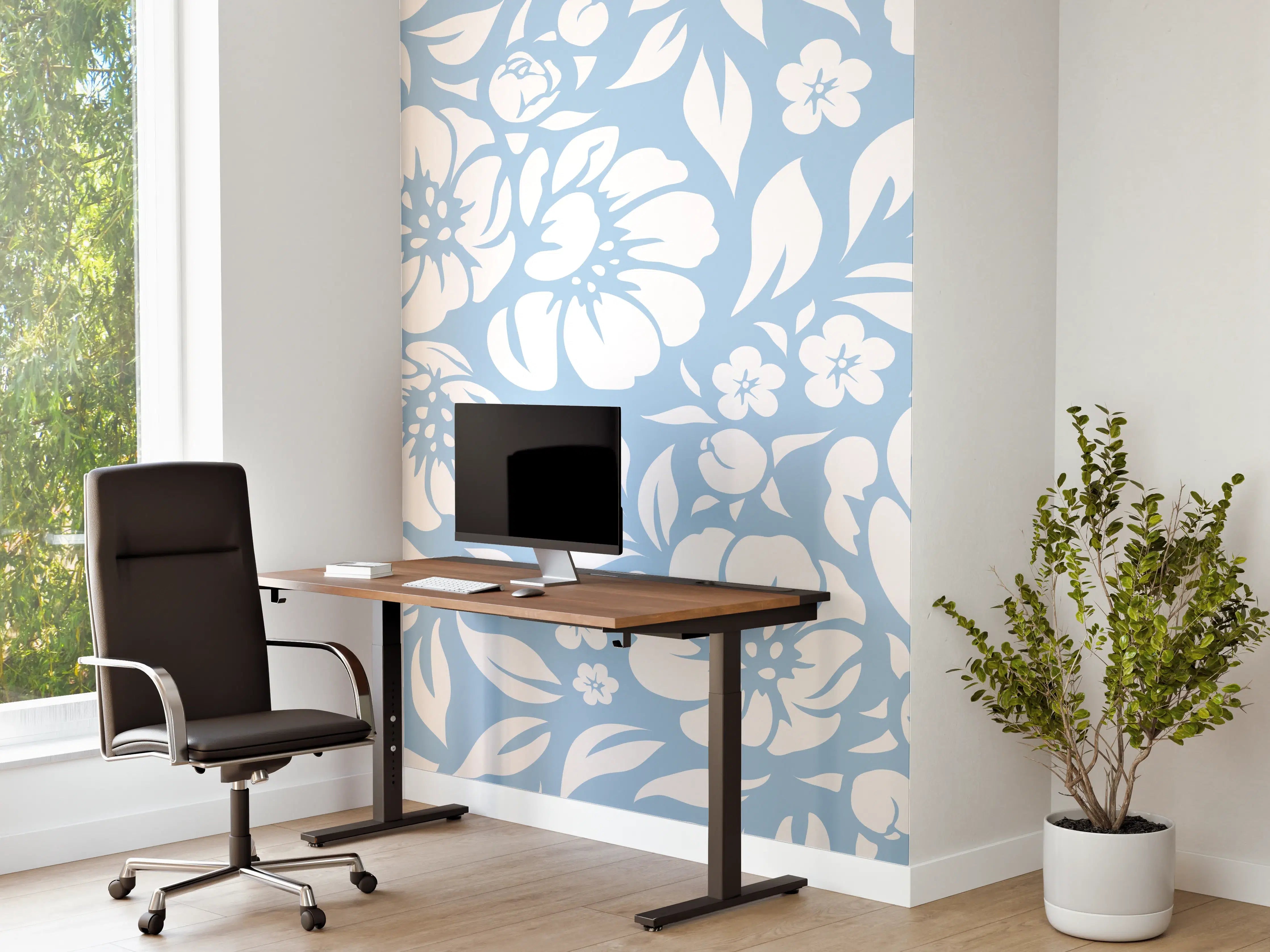 Büro Wandgestaltung - Blumenmuster in Blau mit zarten Grautönen