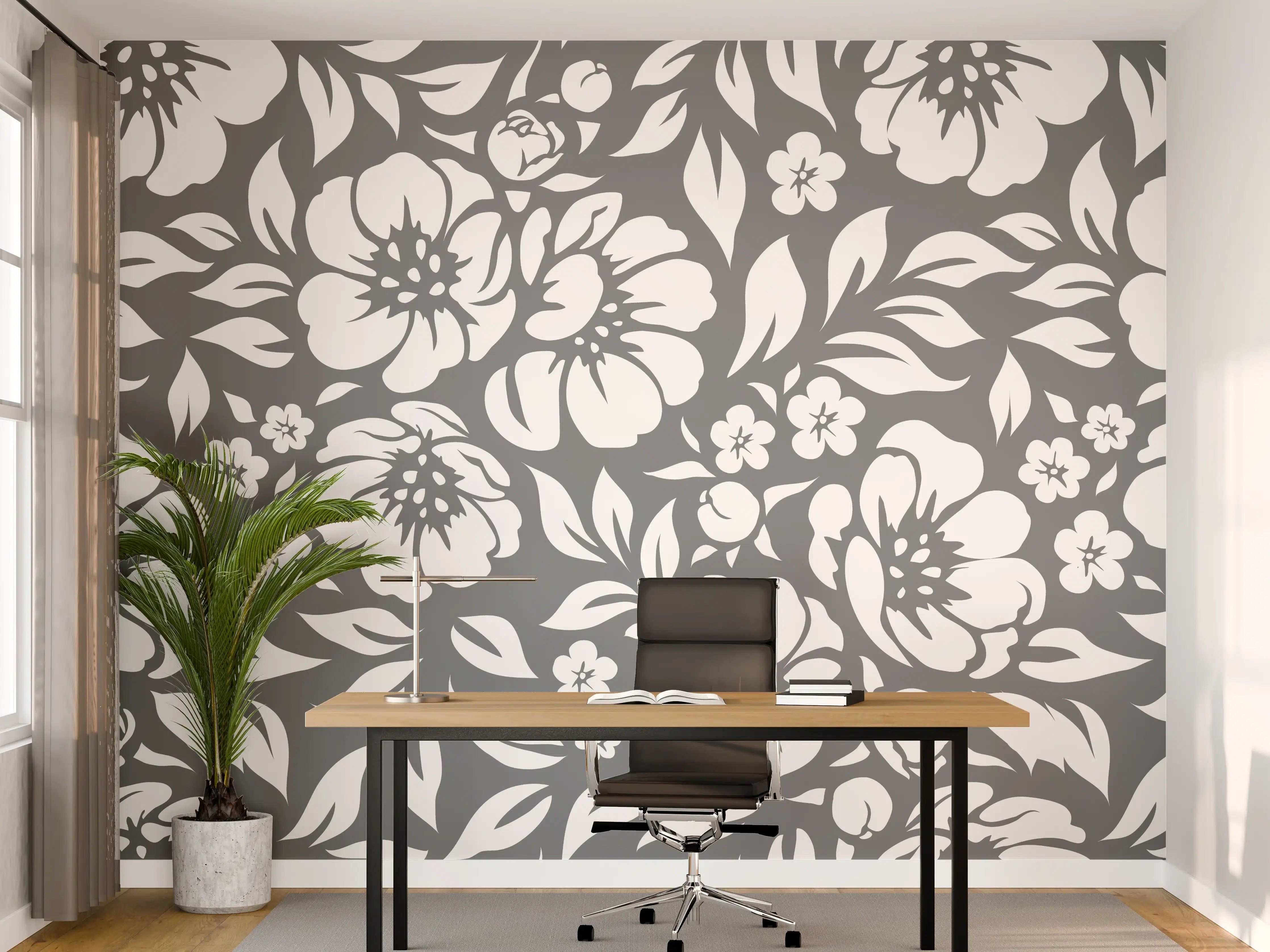 Büro Wandgestaltung - Blumenmuster in Grau und Weiß