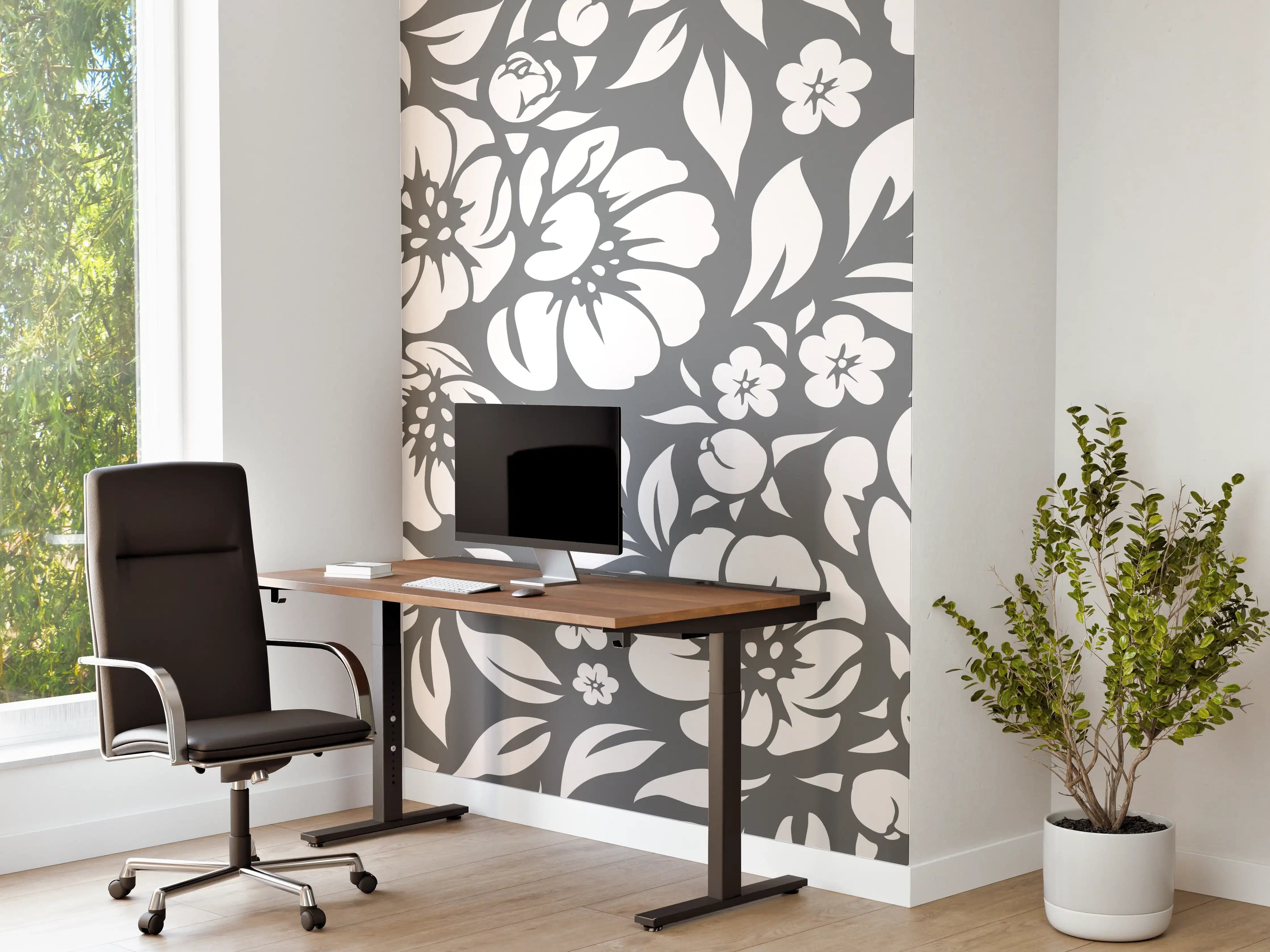 Büro Wandgestaltung - Blumenmuster in Grau und Weiß