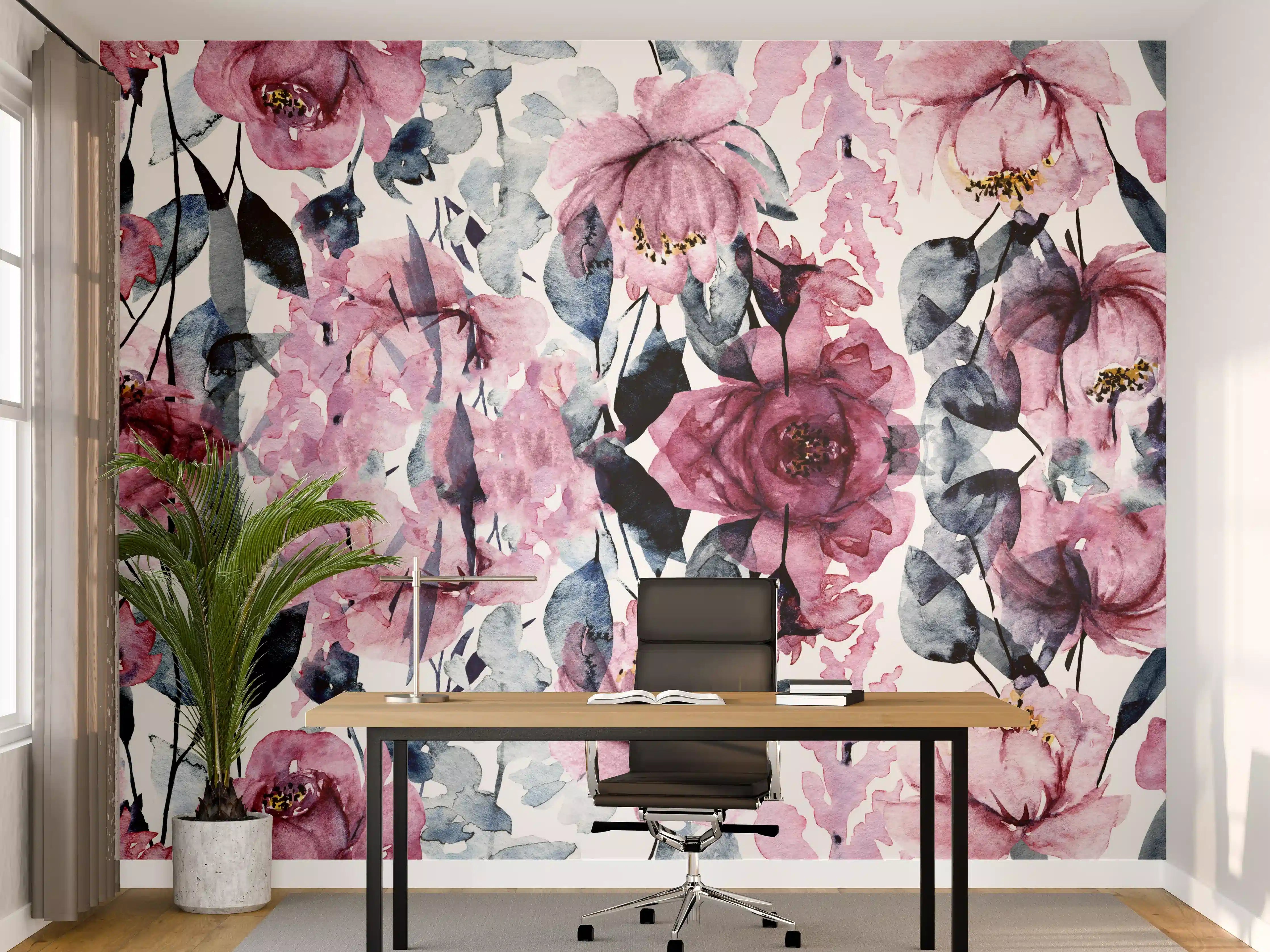 Büro Wandgestaltung - Blumenmuster in Rosa und Blau