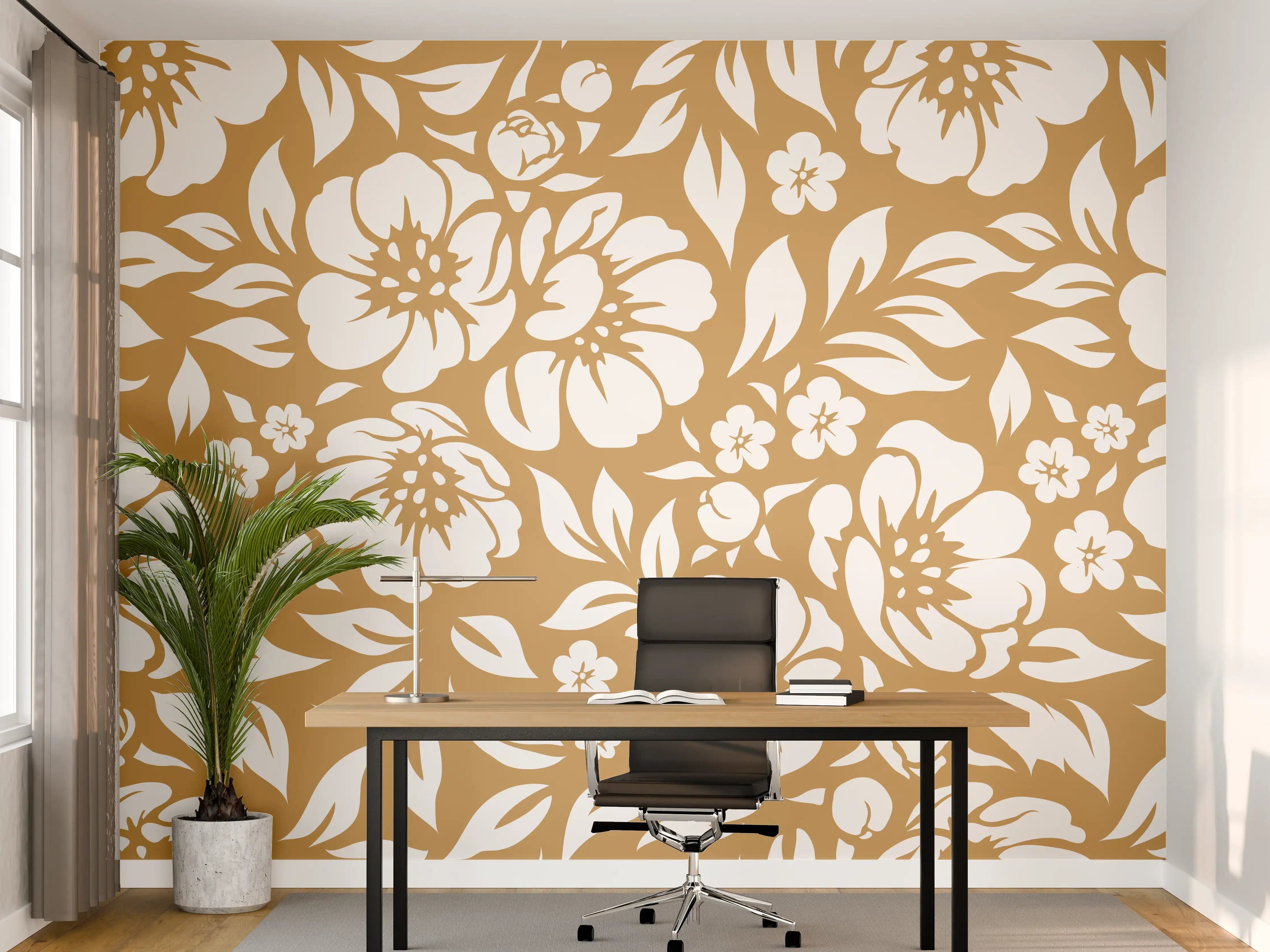Büro Wandgestaltung - Blumenmuster in warmem Ocra-Ton