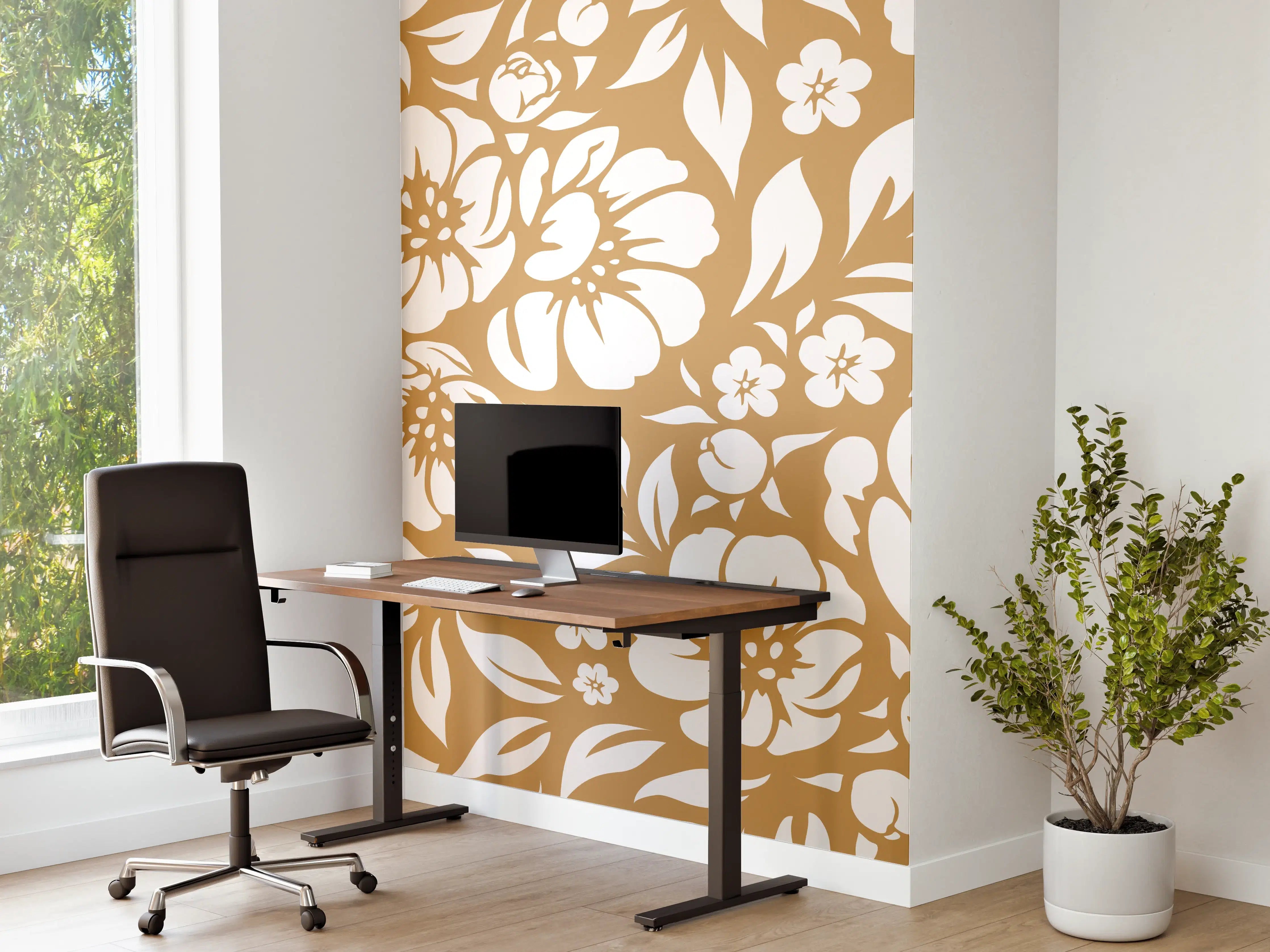 Büro Wandgestaltung - Blumenmuster in warmem Ocra-Ton