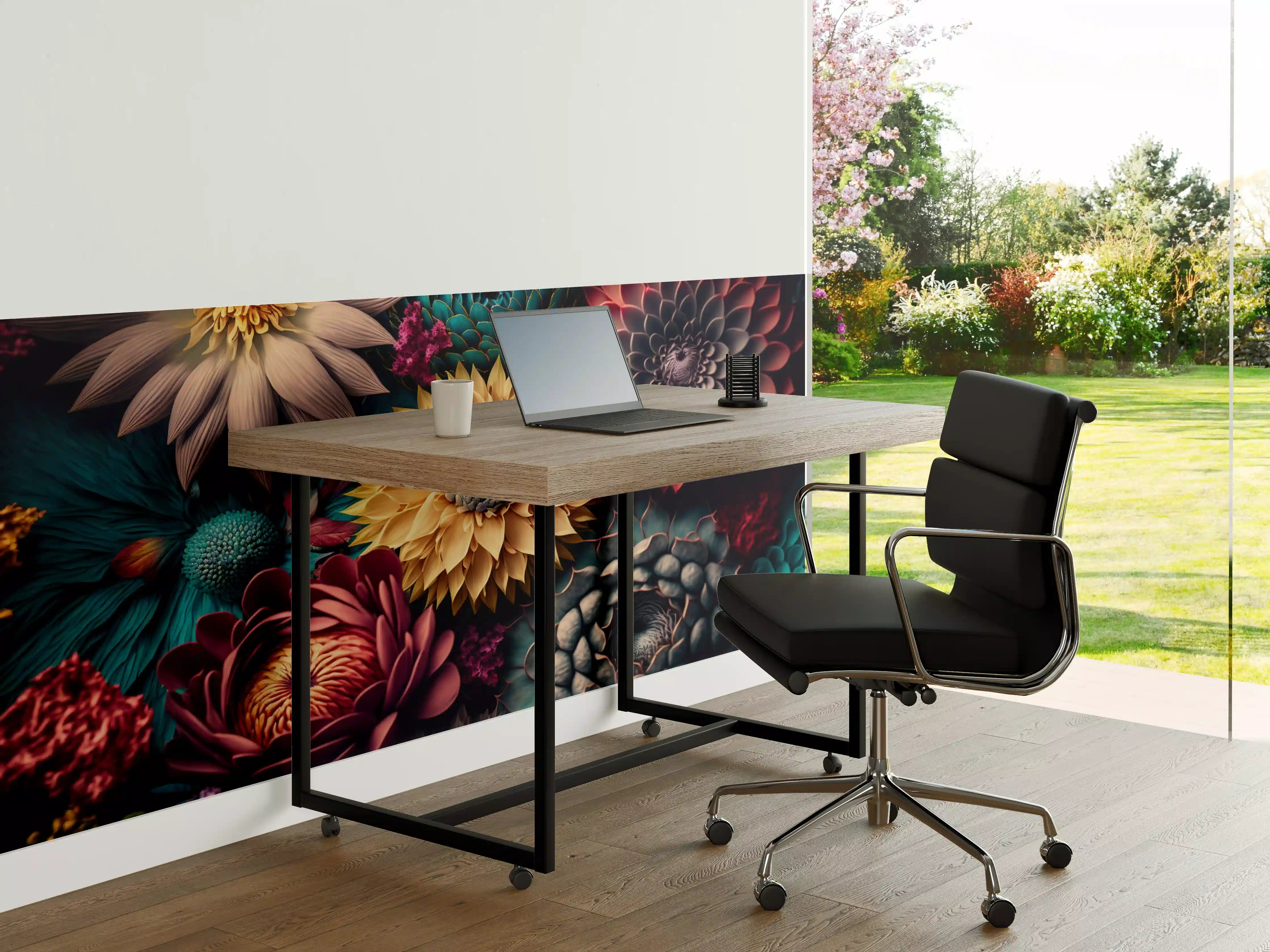 Büro Wandgestaltung - Bunte Blütenvielfalt in dunklem Hintergrund