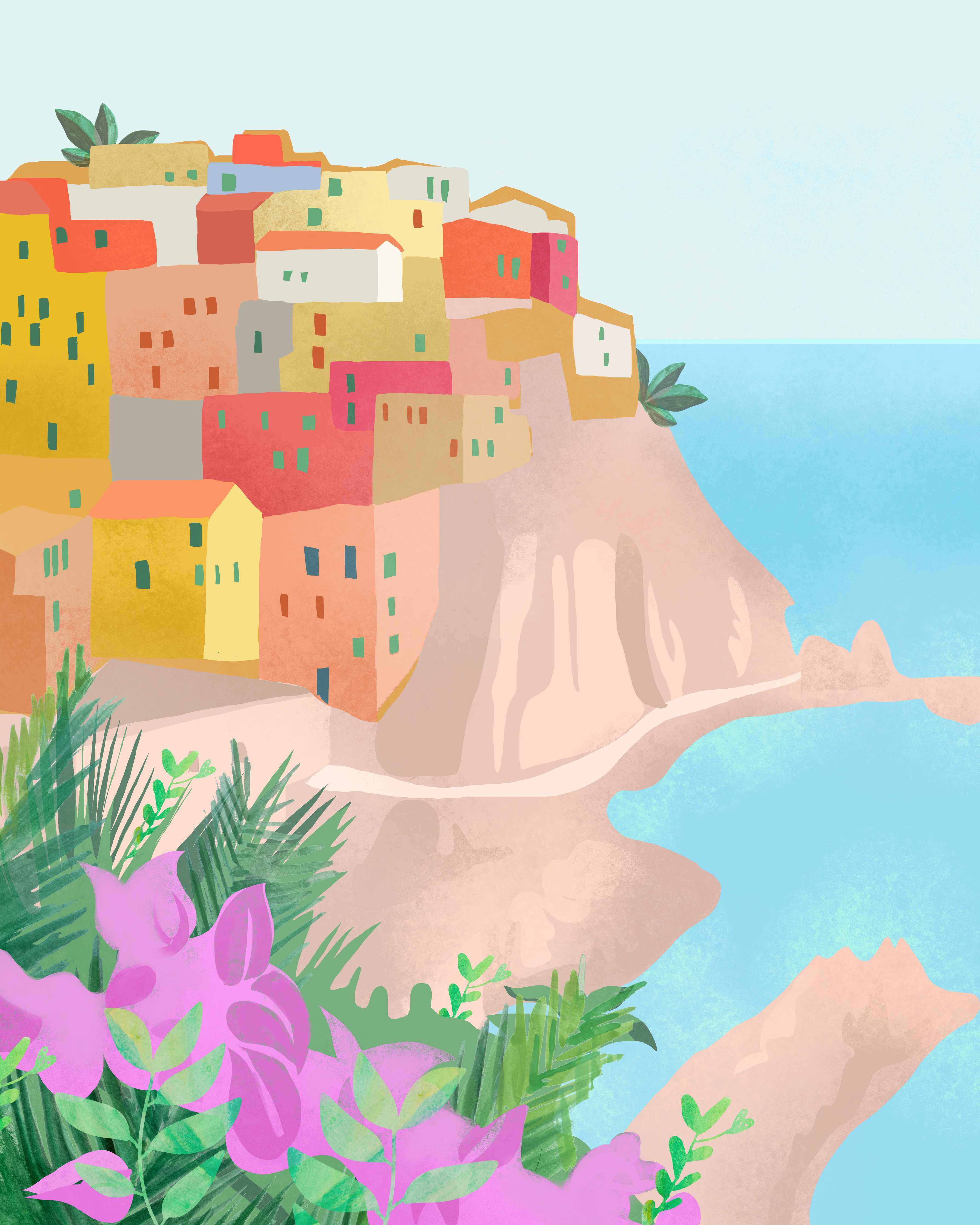 Büro Wandgestaltung-Bunte Cinque Terre Illustration