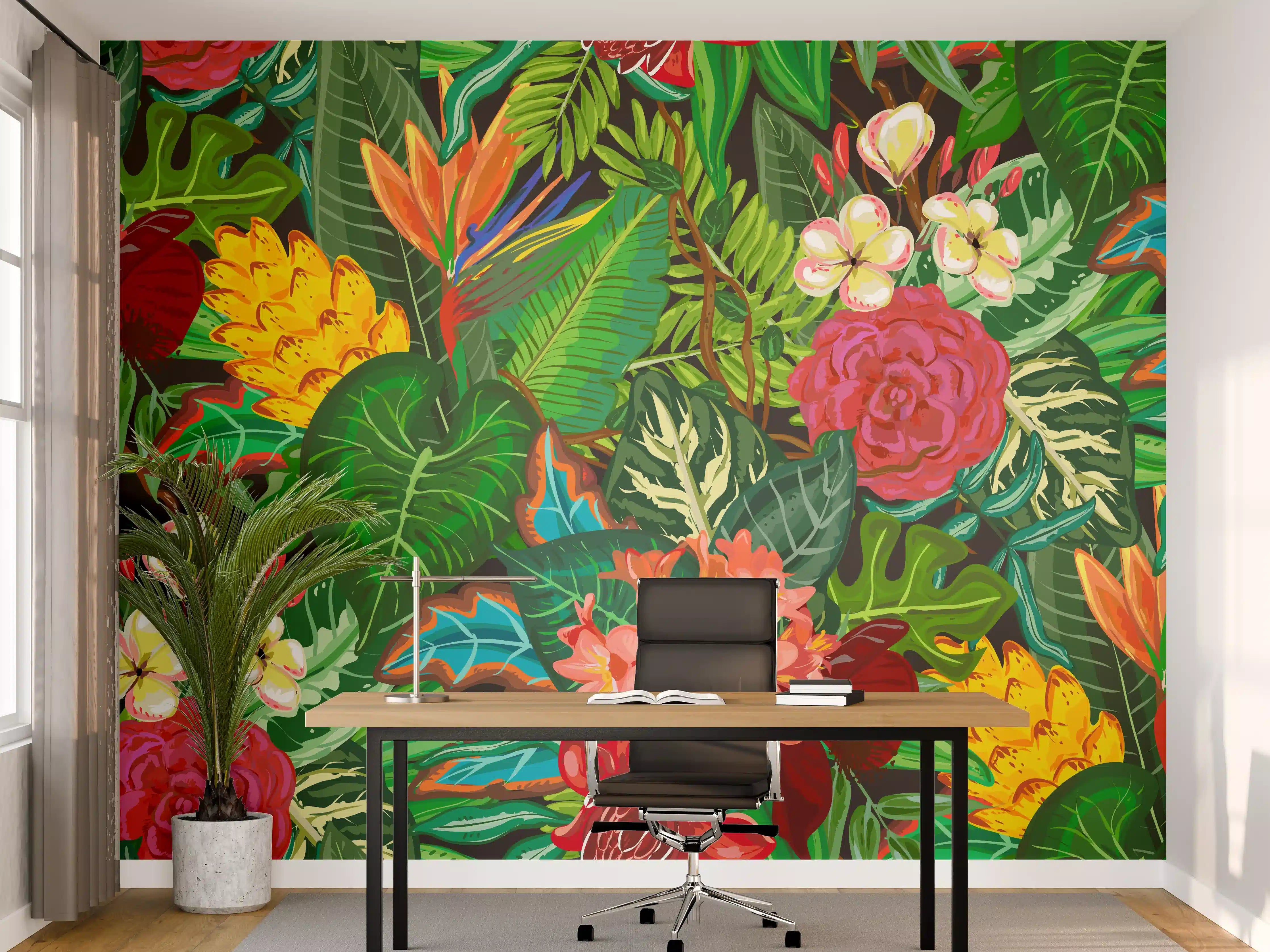 Büro Wandgestaltung - Bunte Dschungel-Muster-Tapete