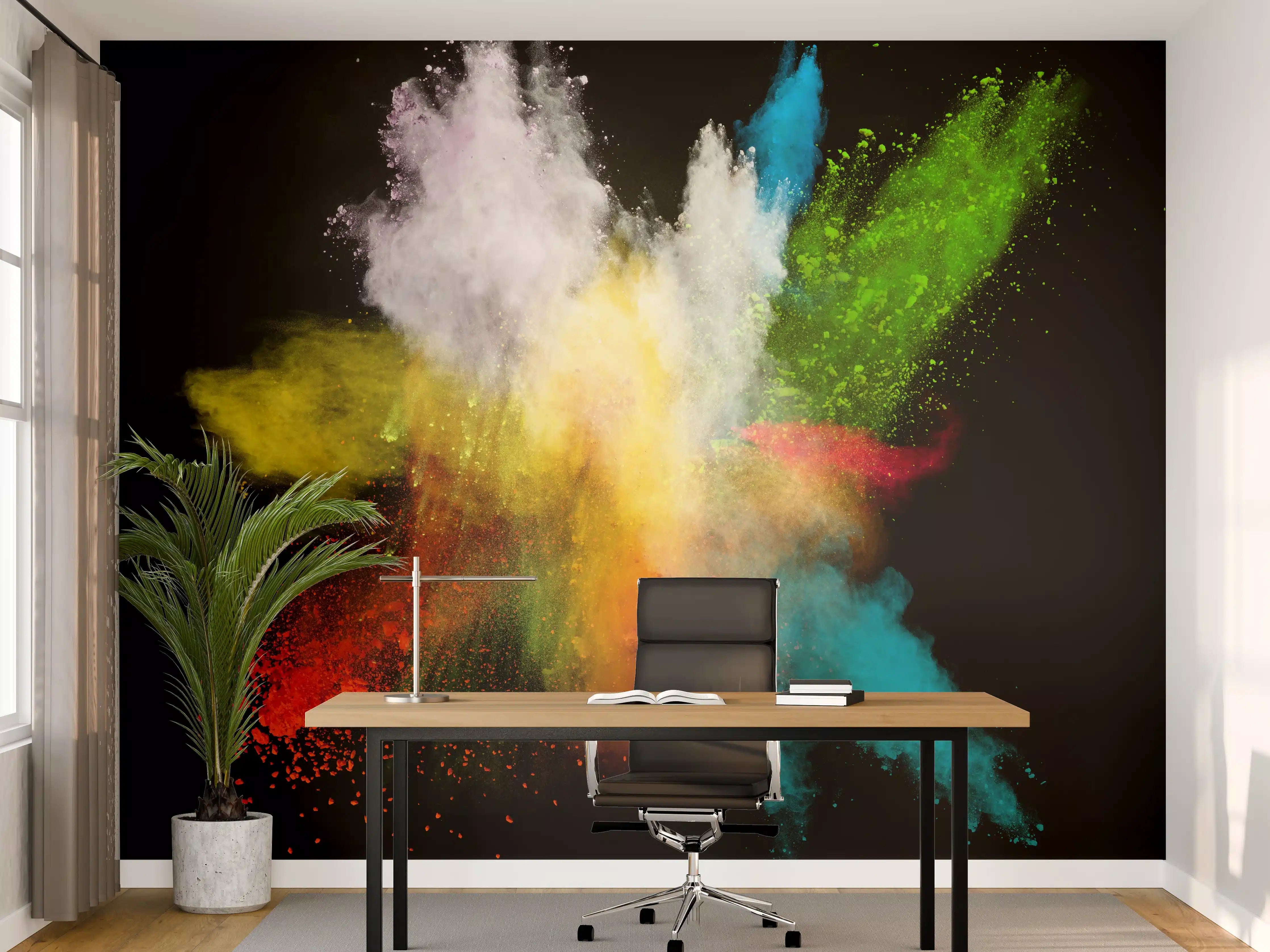 Büro Wandgestaltung - Bunte Farbexplosion auf schwarzem Hintergrund