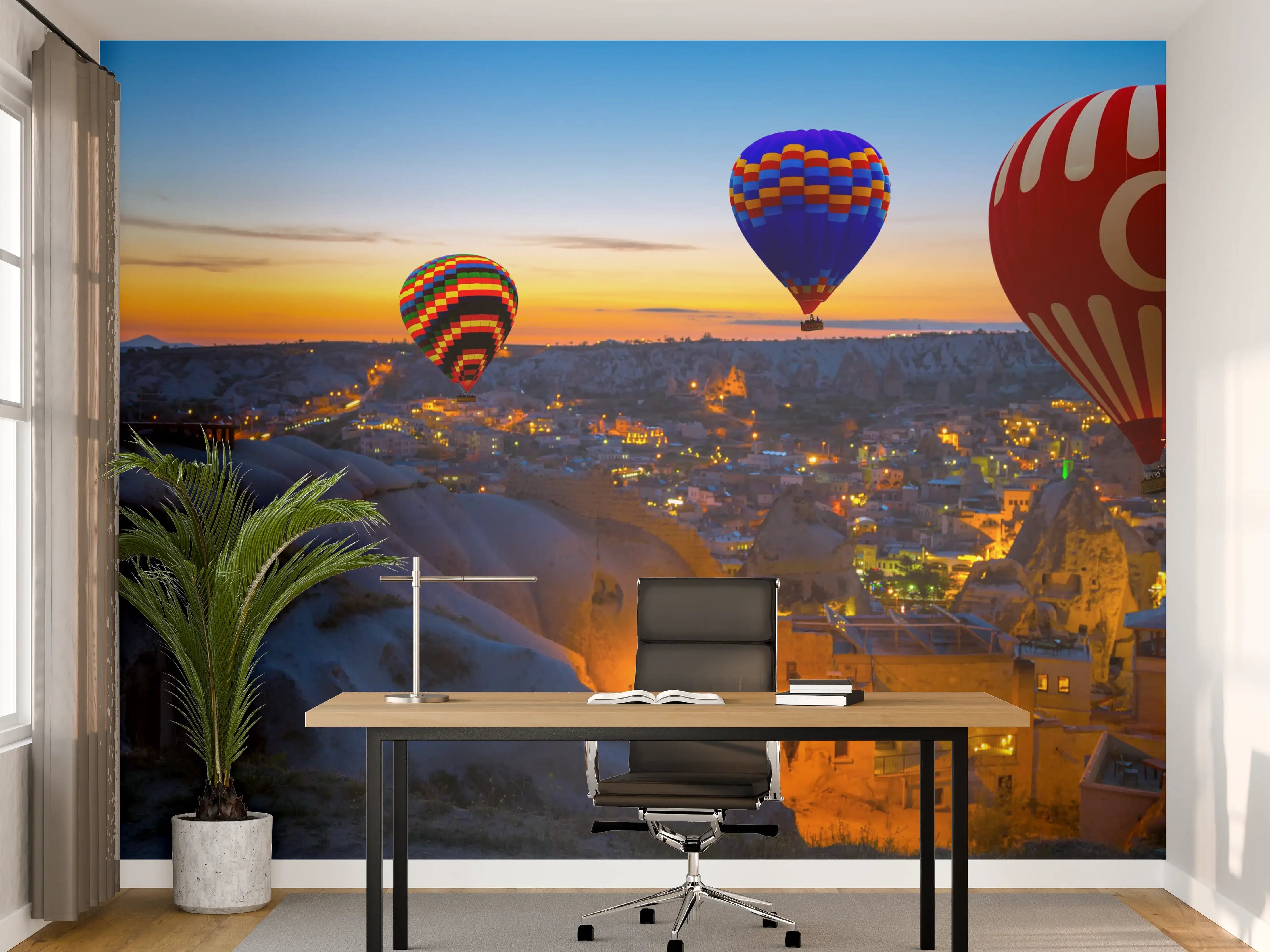 Büro Wandgestaltung - Bunte Heißluftballons über Kappadokien bei Sonnenuntergang