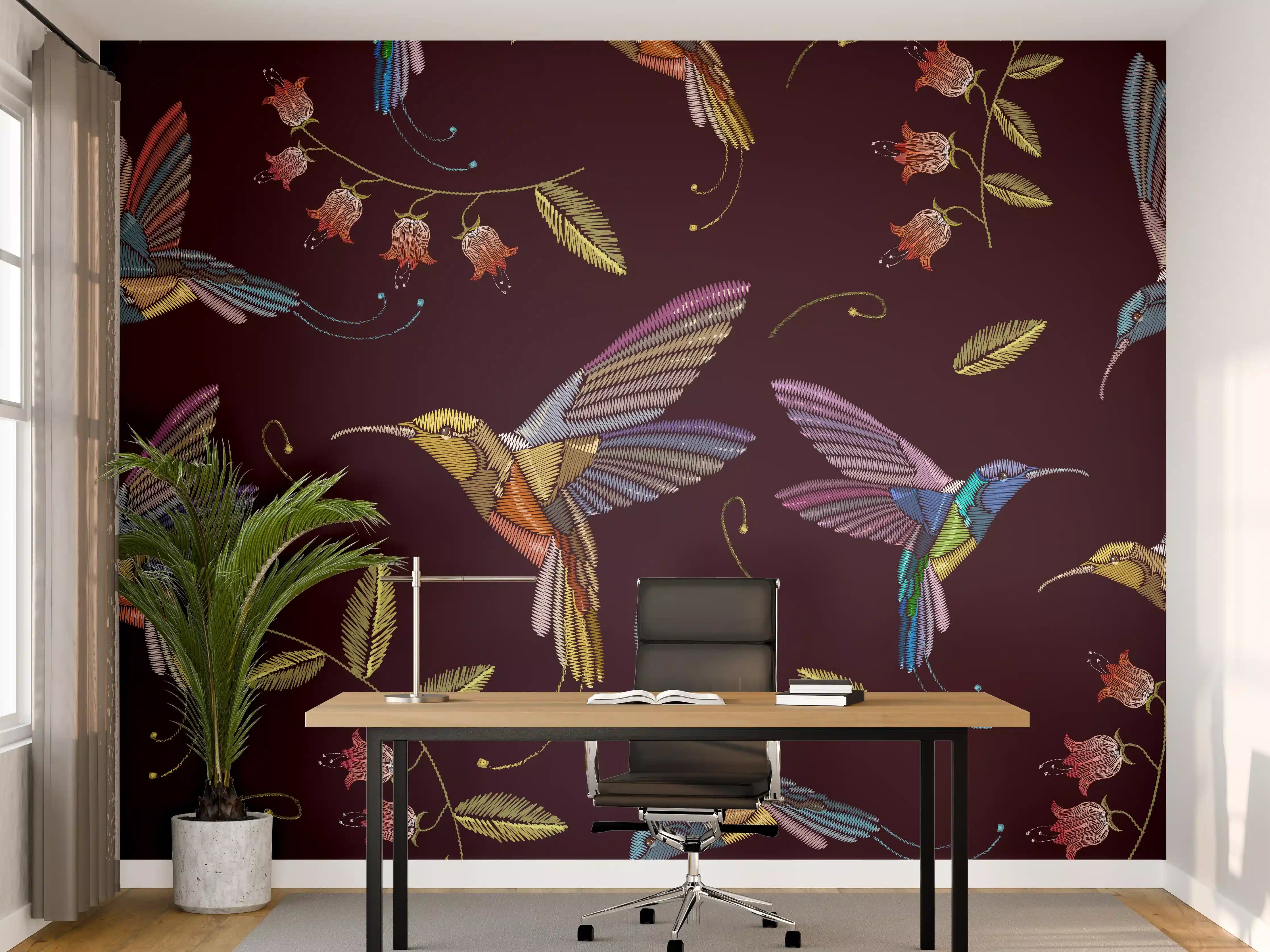 Büro Wandgestaltung - Bunte Kolibri-Stickerei-Muster