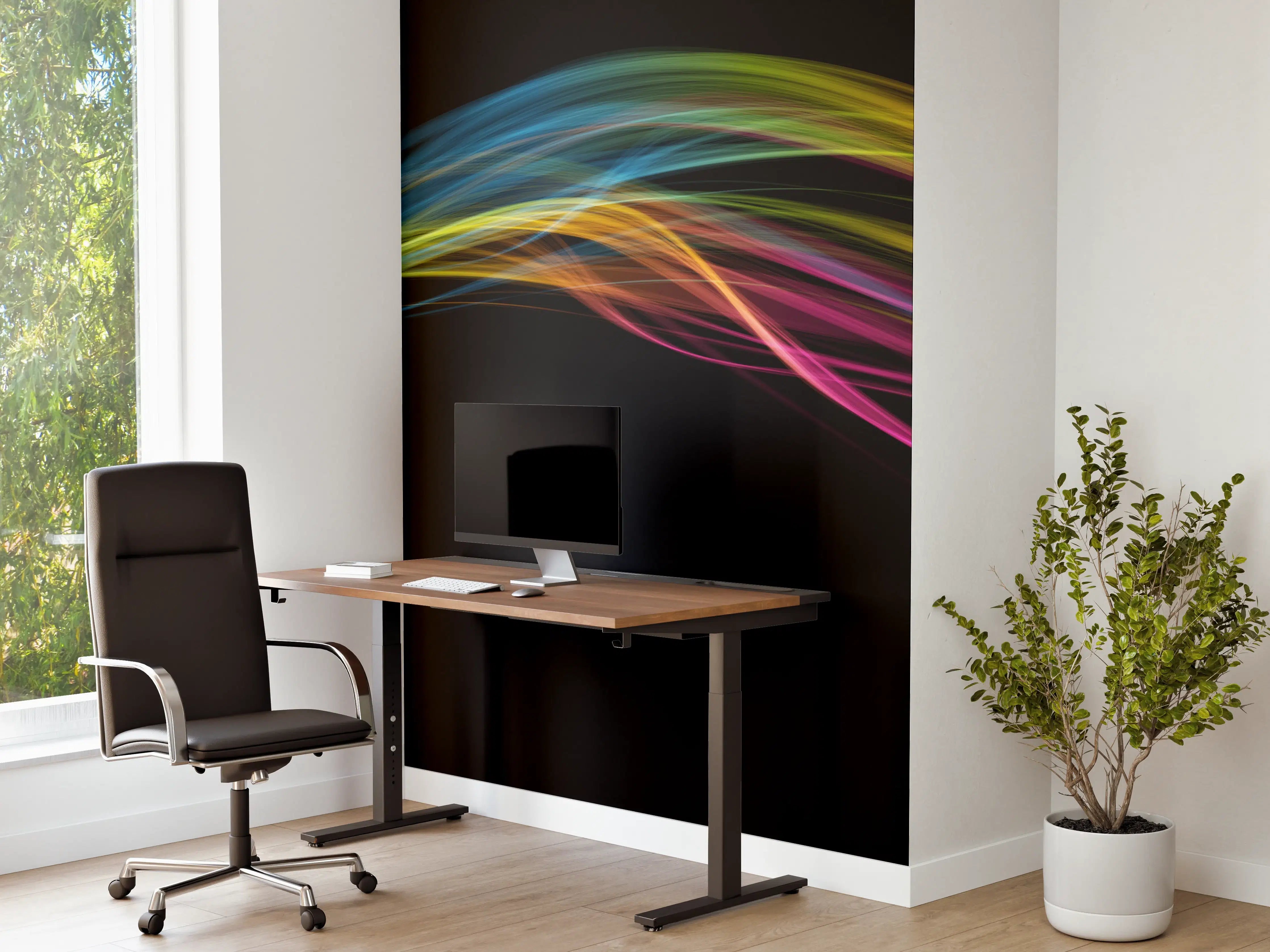 Büro Wandgestaltung - Bunte Lichtwellen auf schwarzem Hintergrund