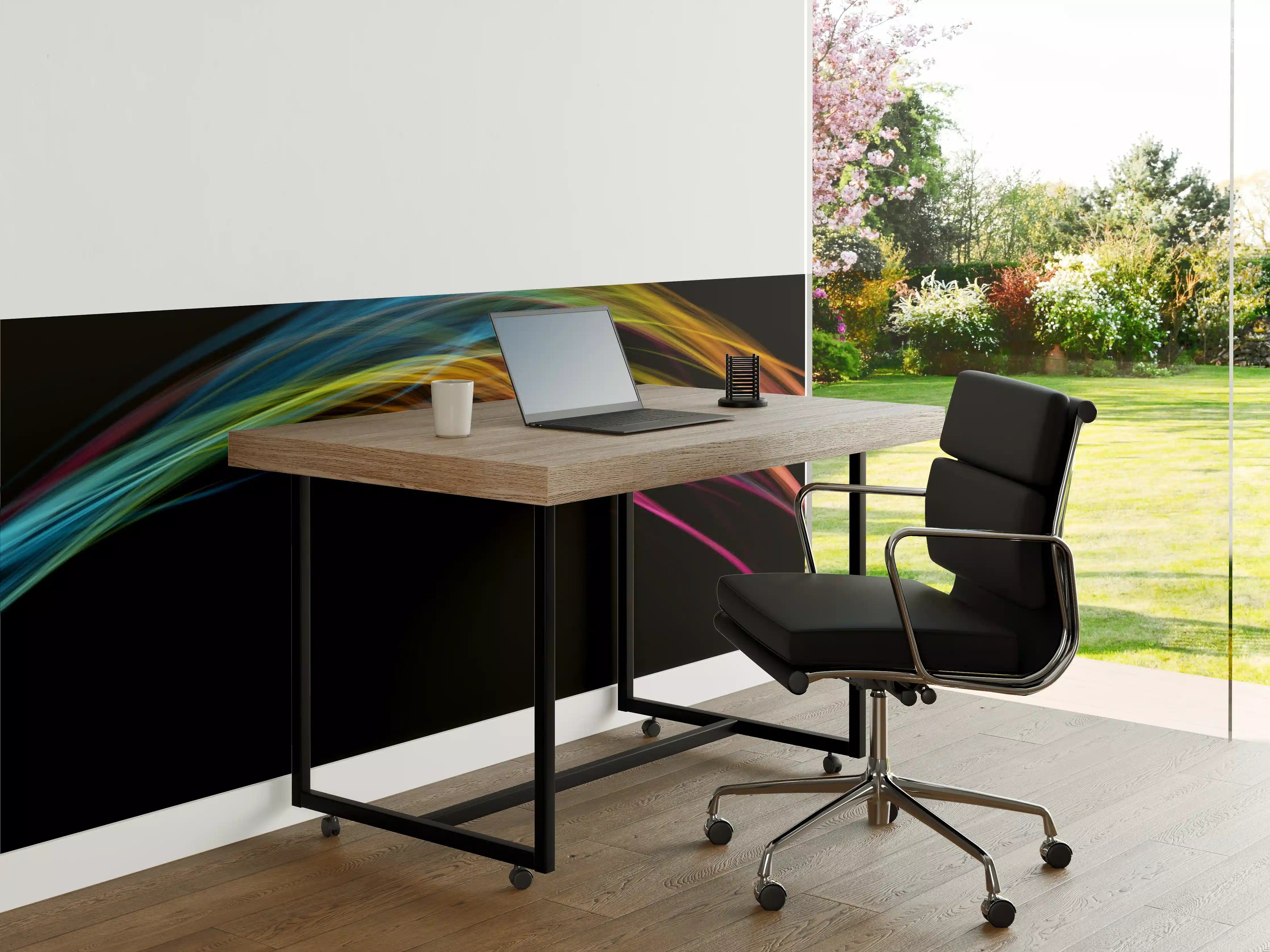 Büro Wandgestaltung - Bunte Lichtwellen auf schwarzem Hintergrund