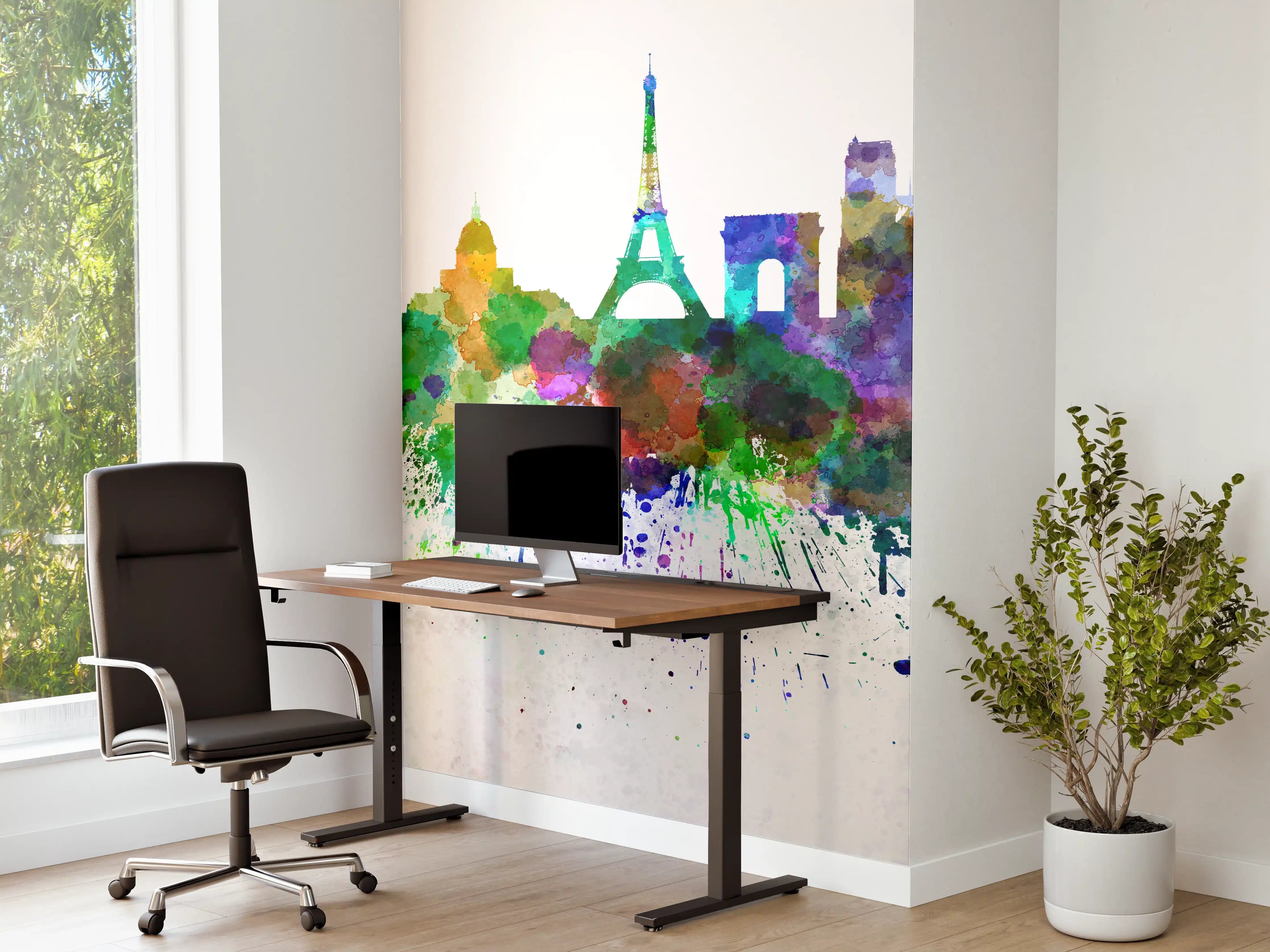 Büro Wandgestaltung - Bunte Paris Skyline Aquarell