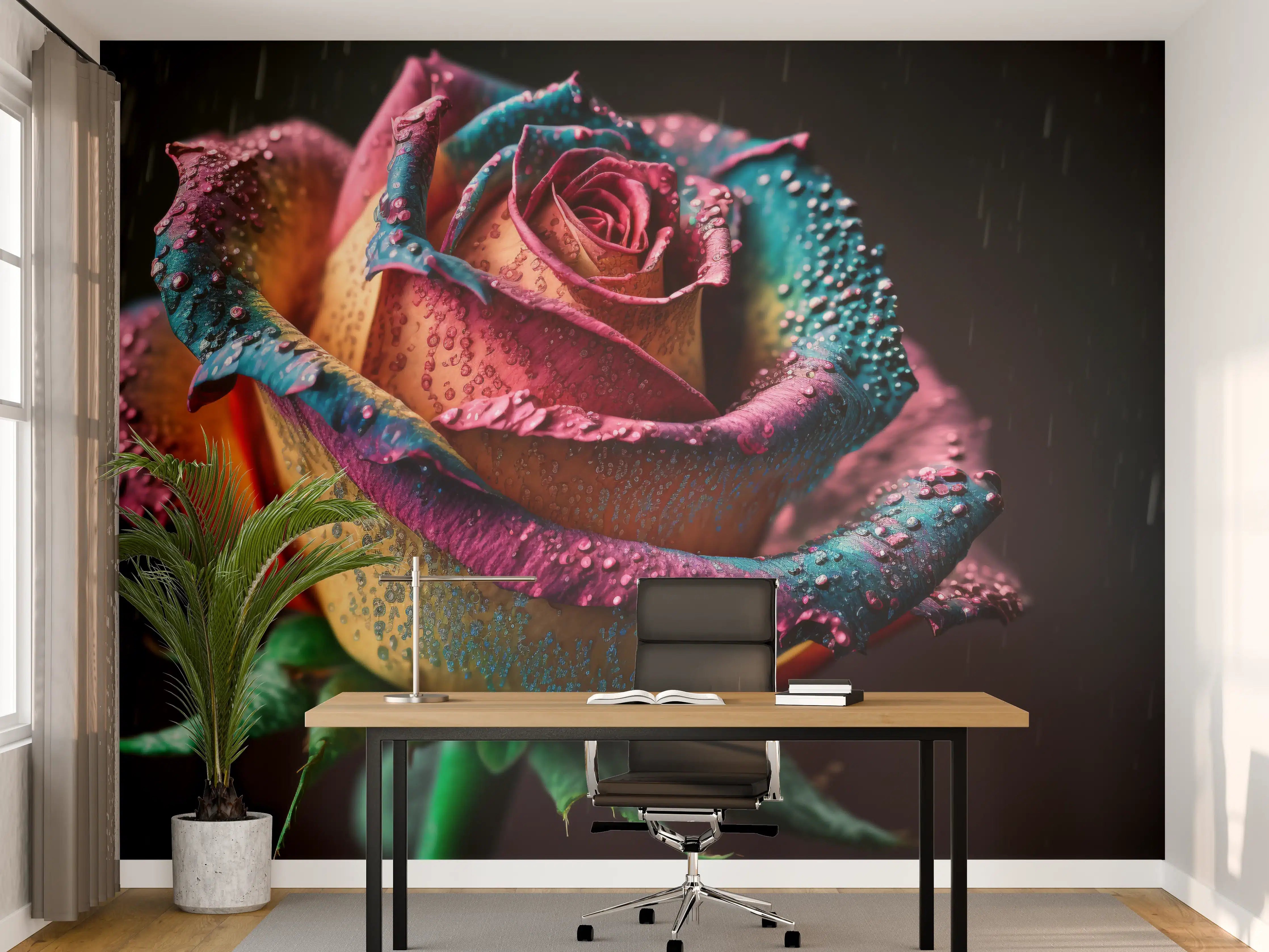 Büro Wandgestaltung - Bunte Rosenblüte mit Regentropfen