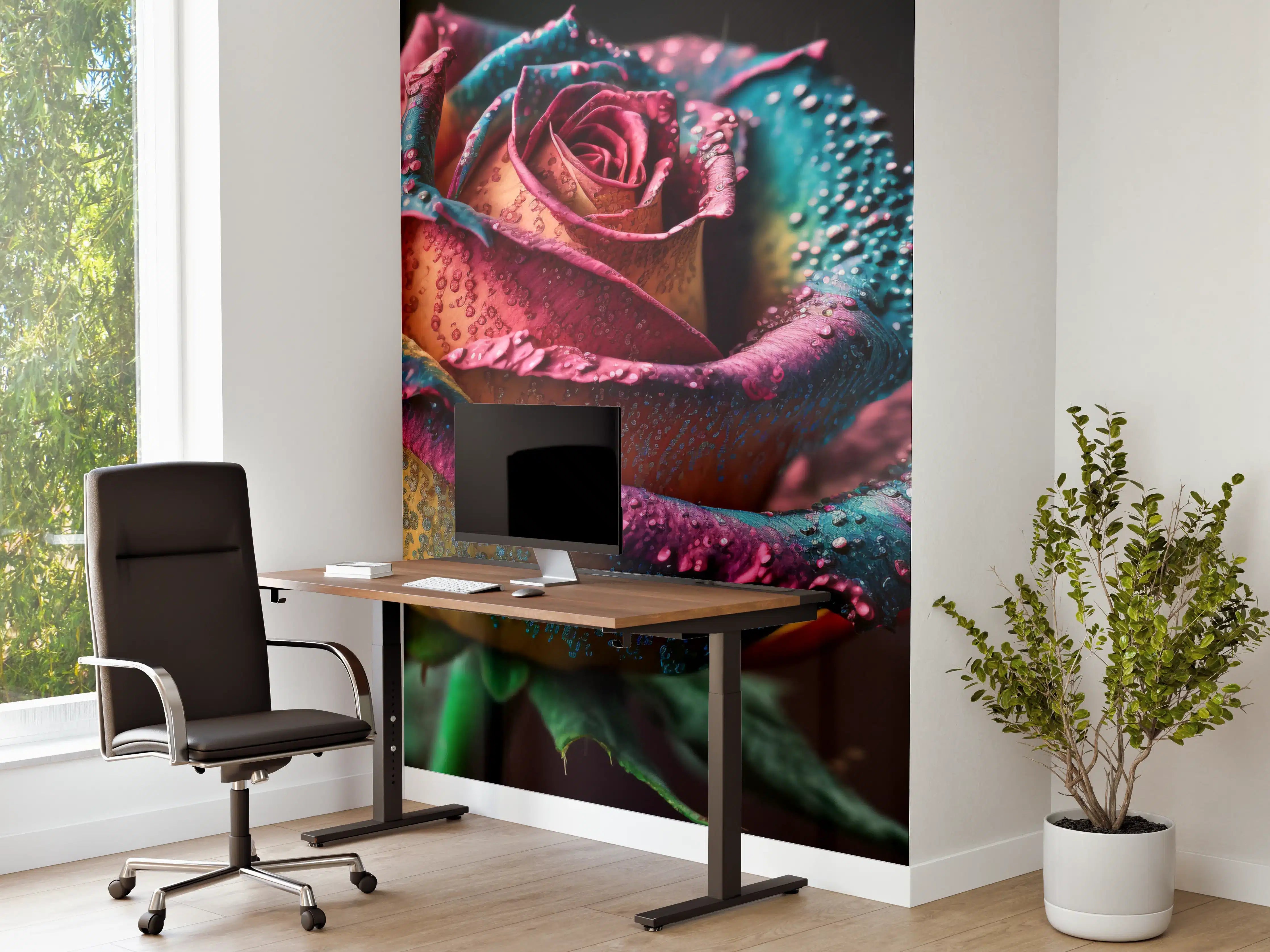 Büro Wandgestaltung - Bunte Rosenblüte mit Regentropfen