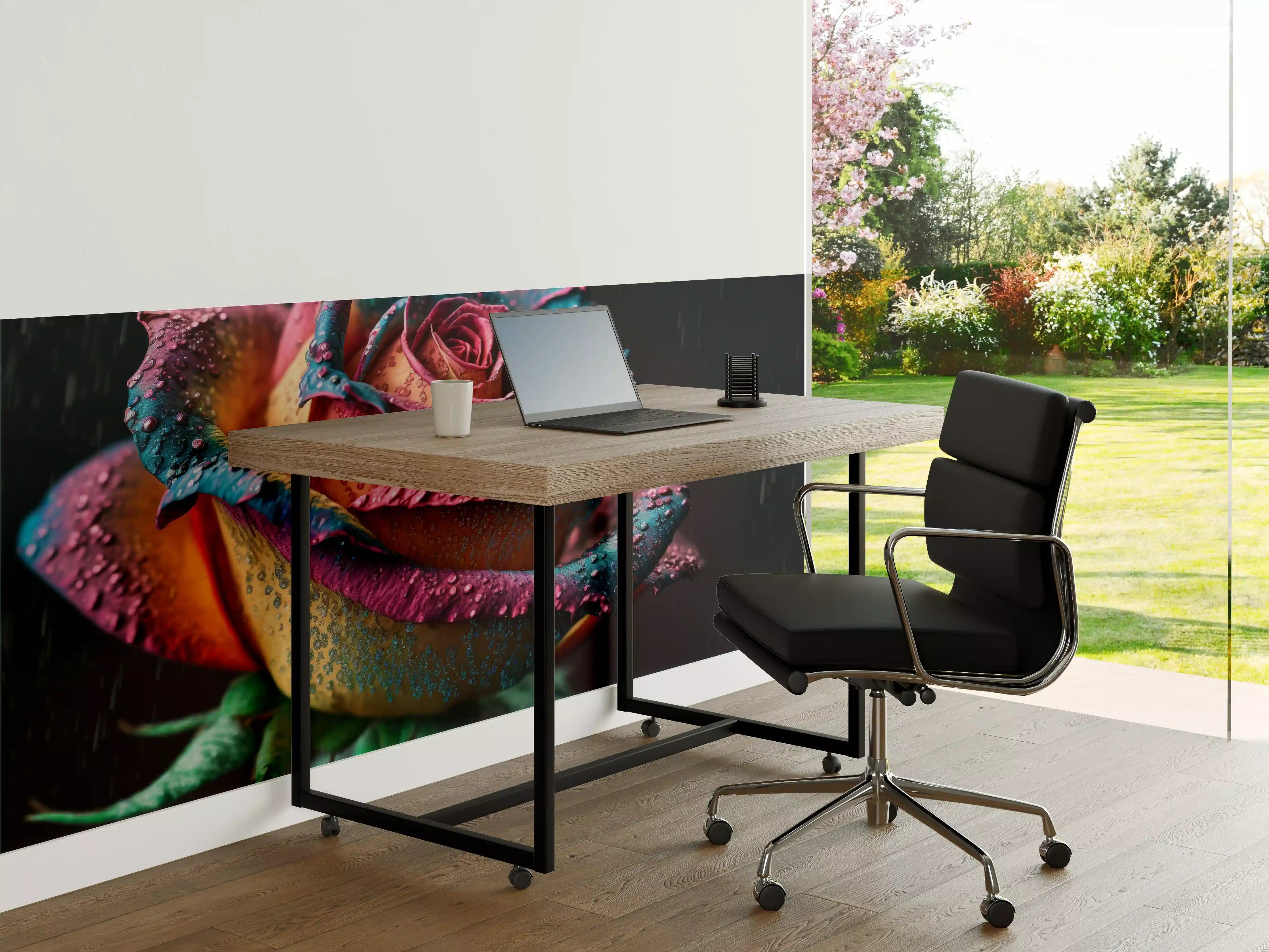 Büro Wandgestaltung - Bunte Rosenblüte mit Regentropfen