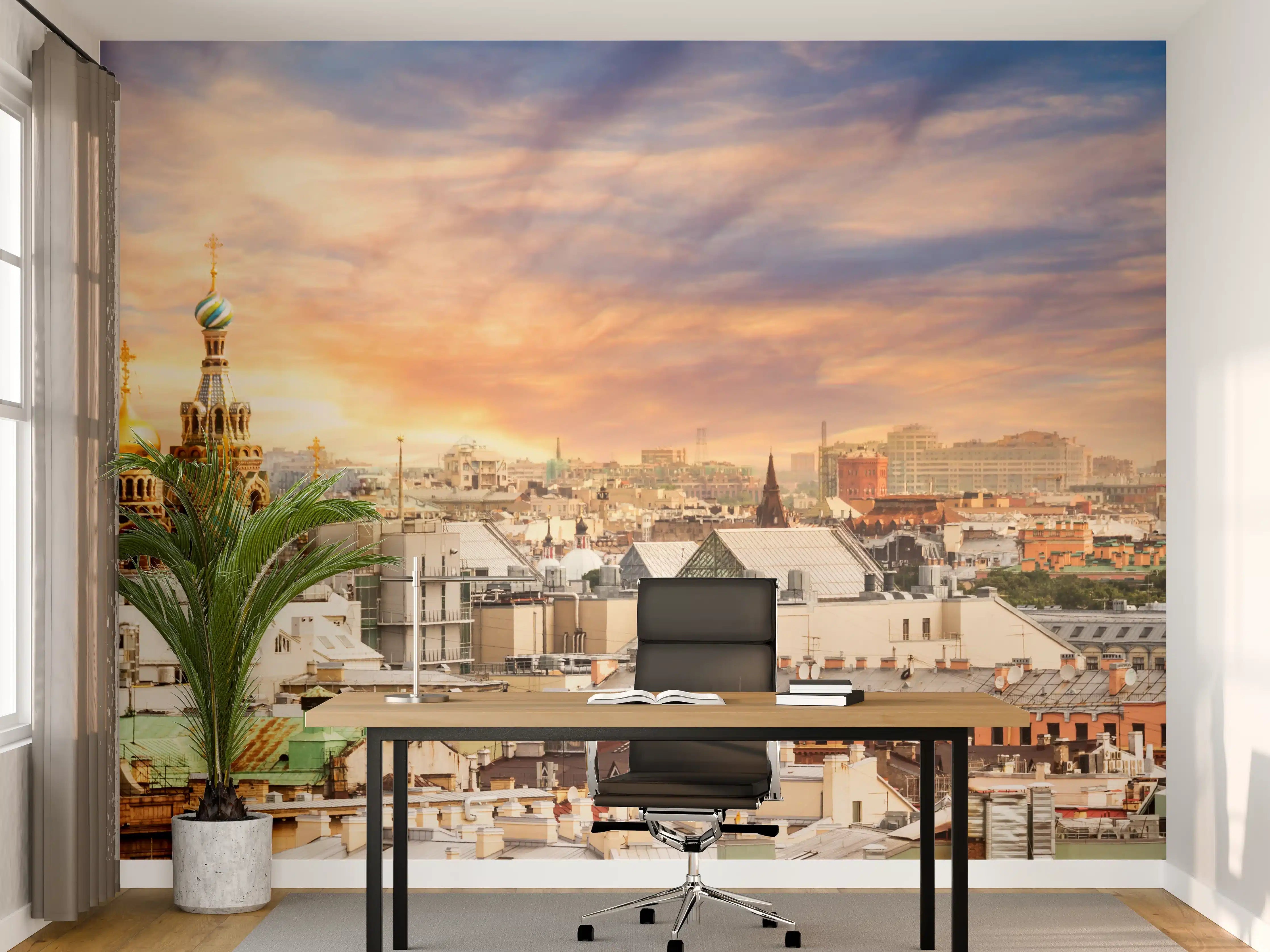 Büro Wandgestaltung - Bunte Stadtlandschaft bei Sonnenuntergang