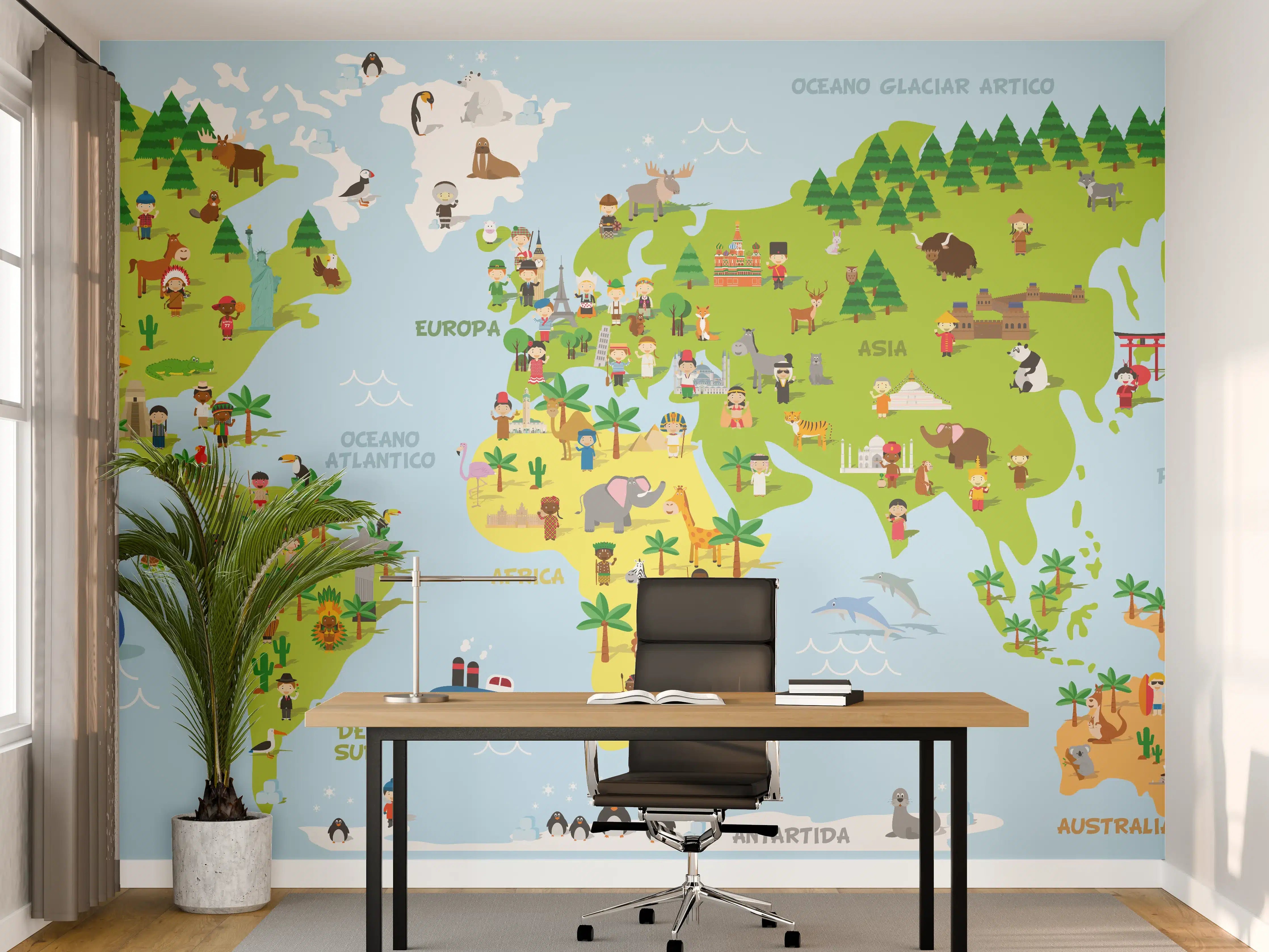 Büro Wandgestaltung - Bunte Weltkarte Illustration