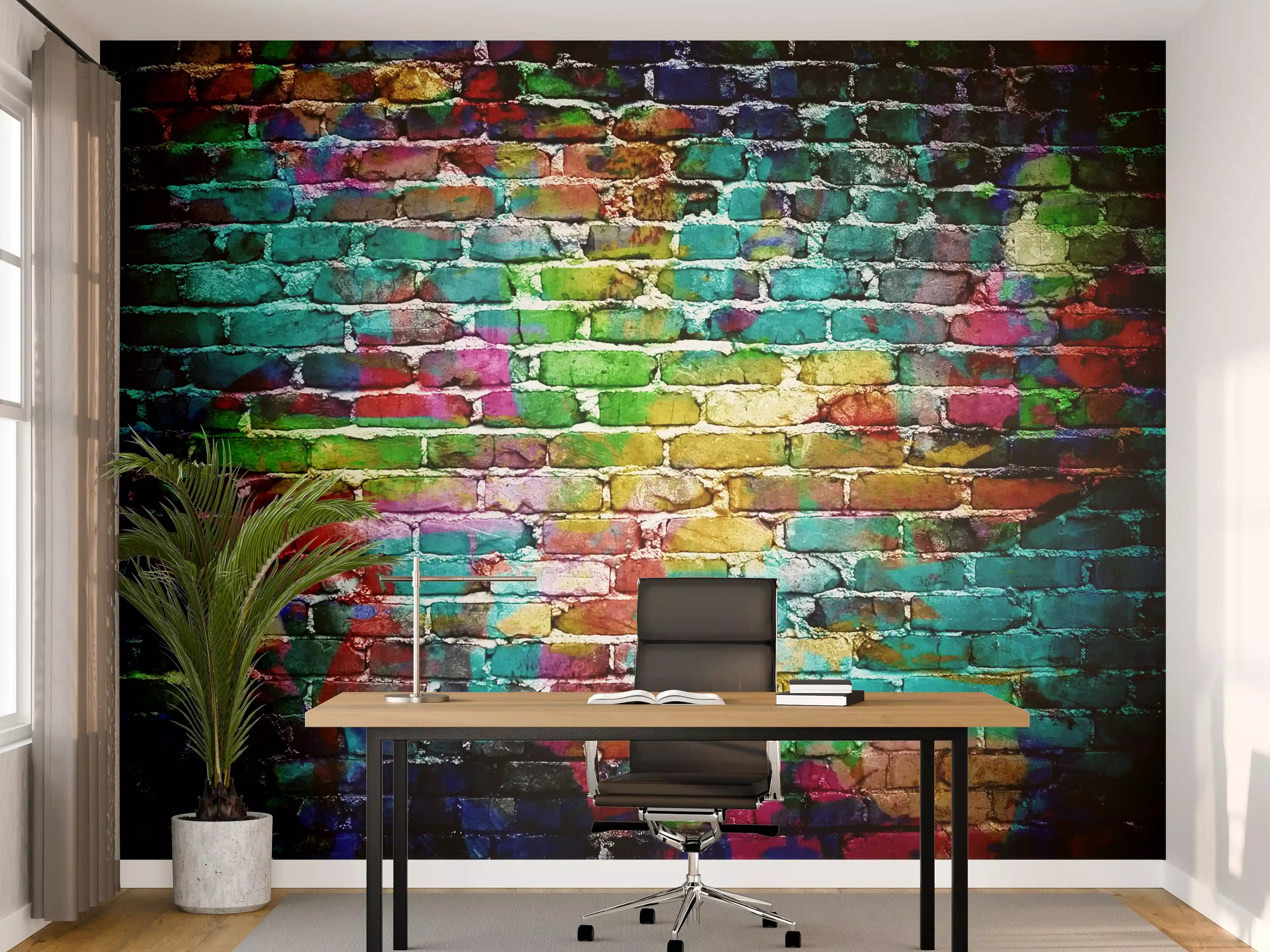 Büro Wandgestaltung - Bunten Graffiti auf Ziegelwand in lebendigen Farben