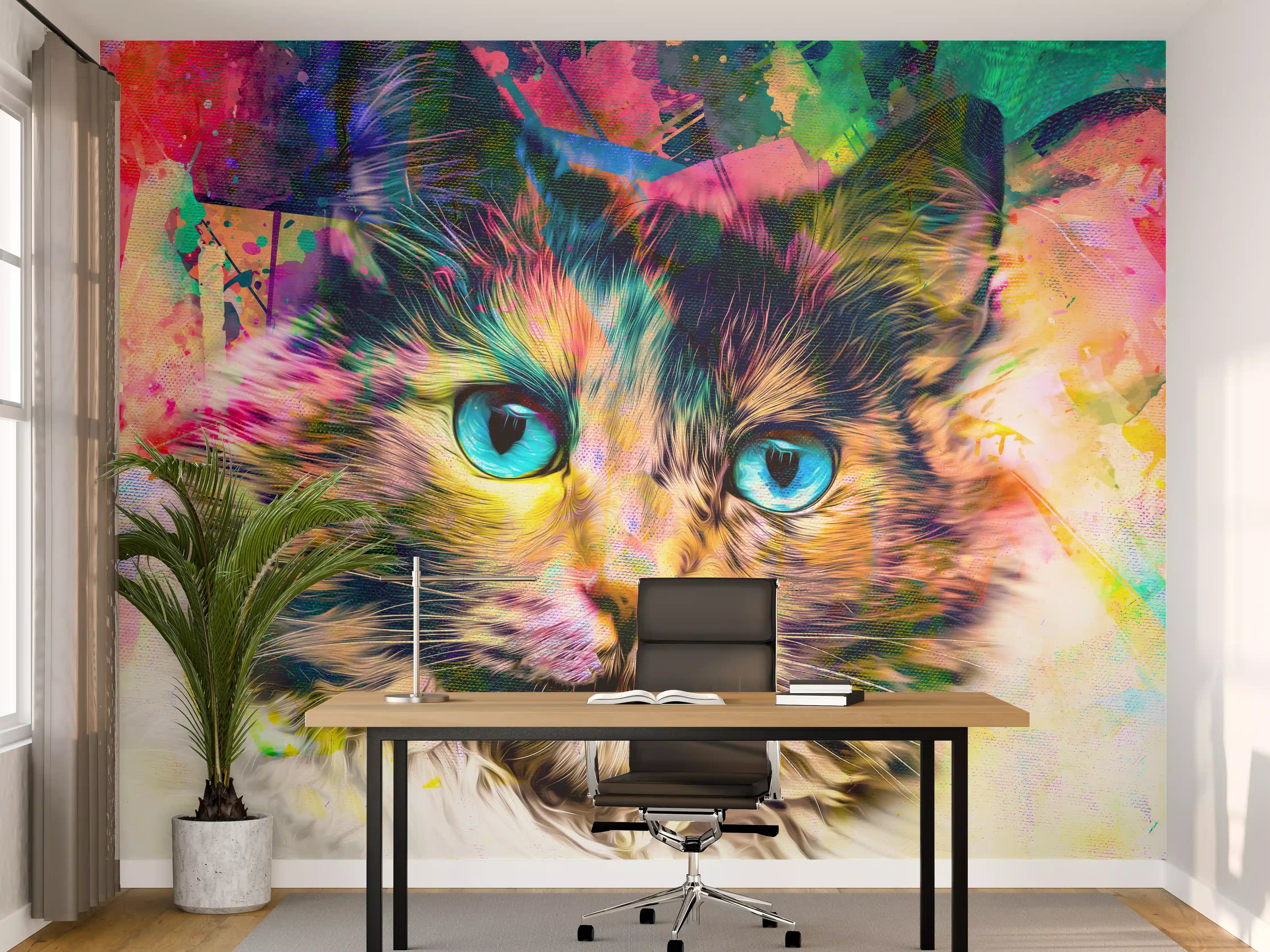 Büro Wandgestaltung - Bunter Katzenkopf mit abstrakten Elementen