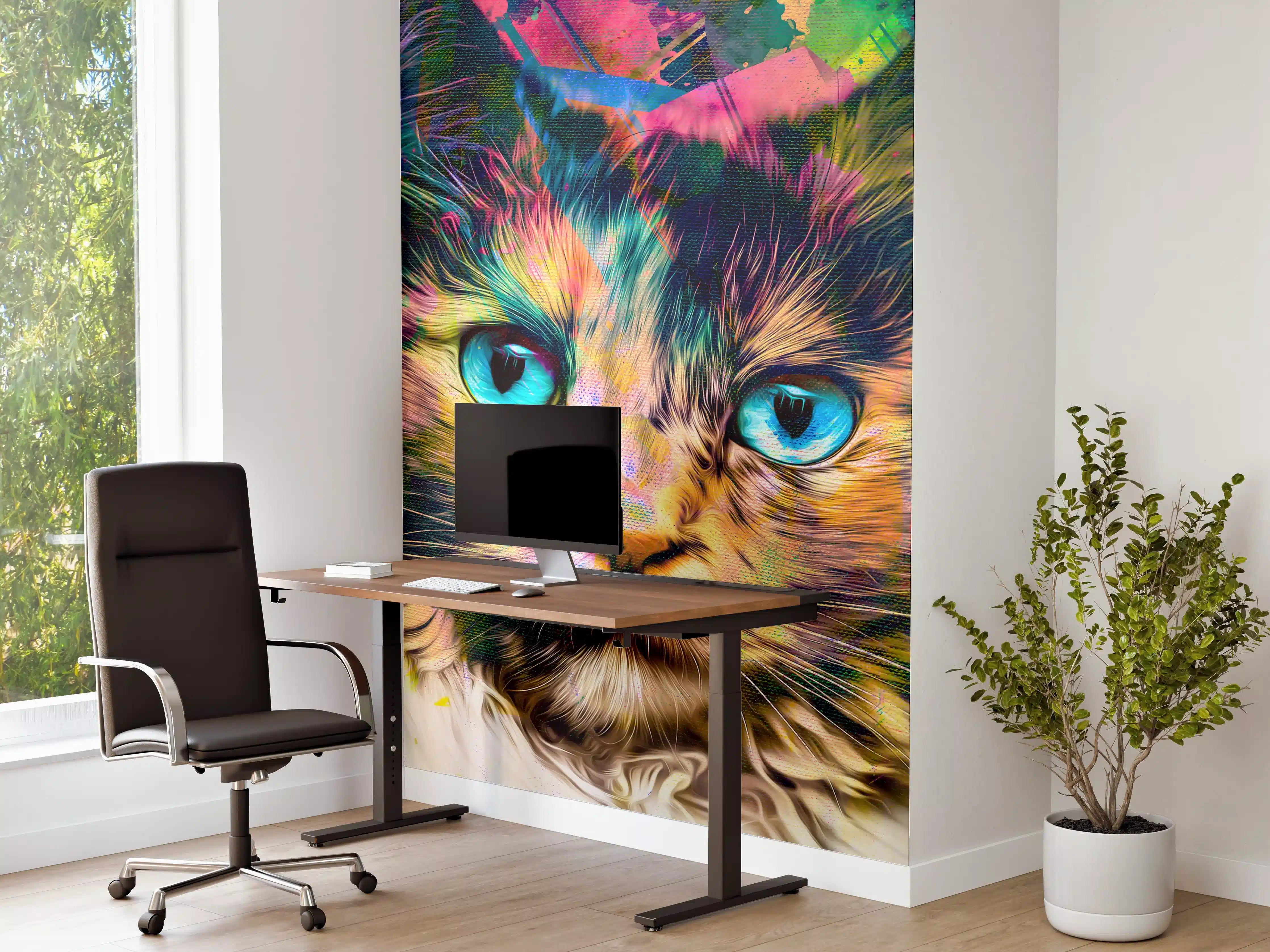 Büro Wandgestaltung - Bunter Katzenkopf mit abstrakten Elementen
