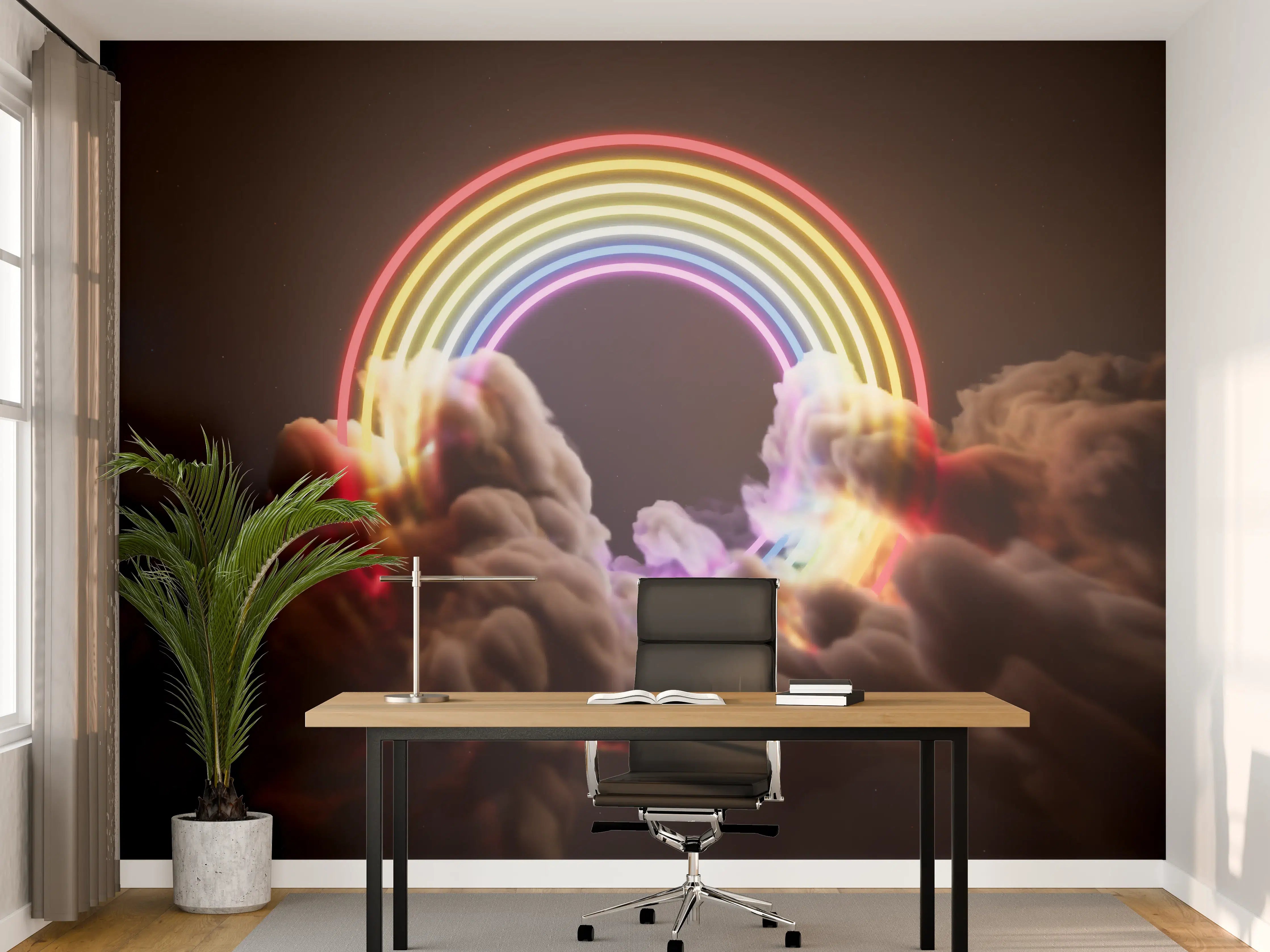 Büro Wandgestaltung - Bunter Neon-Regenbogen auf Wolken