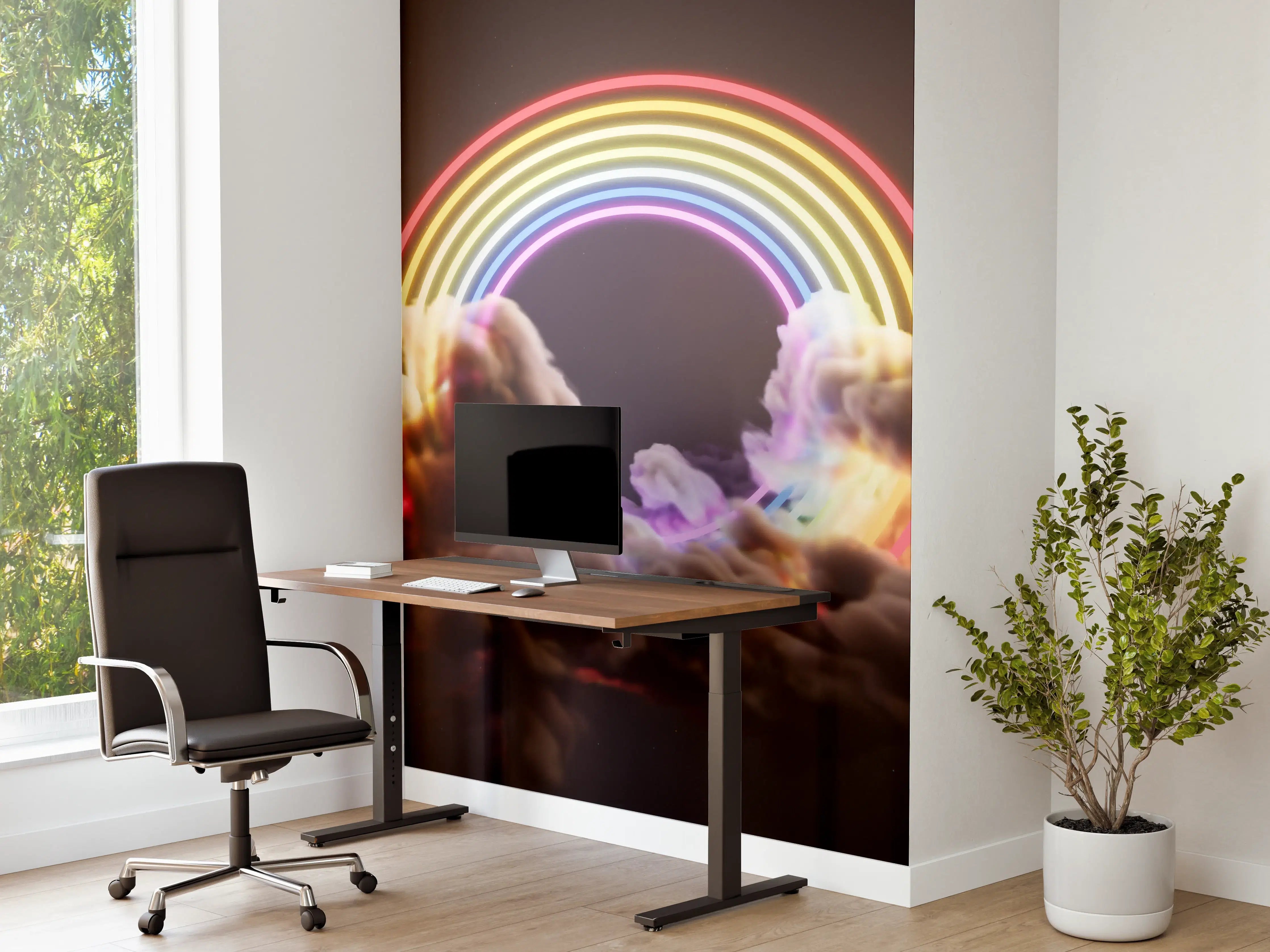 Büro Wandgestaltung - Bunter Neon-Regenbogen auf Wolken