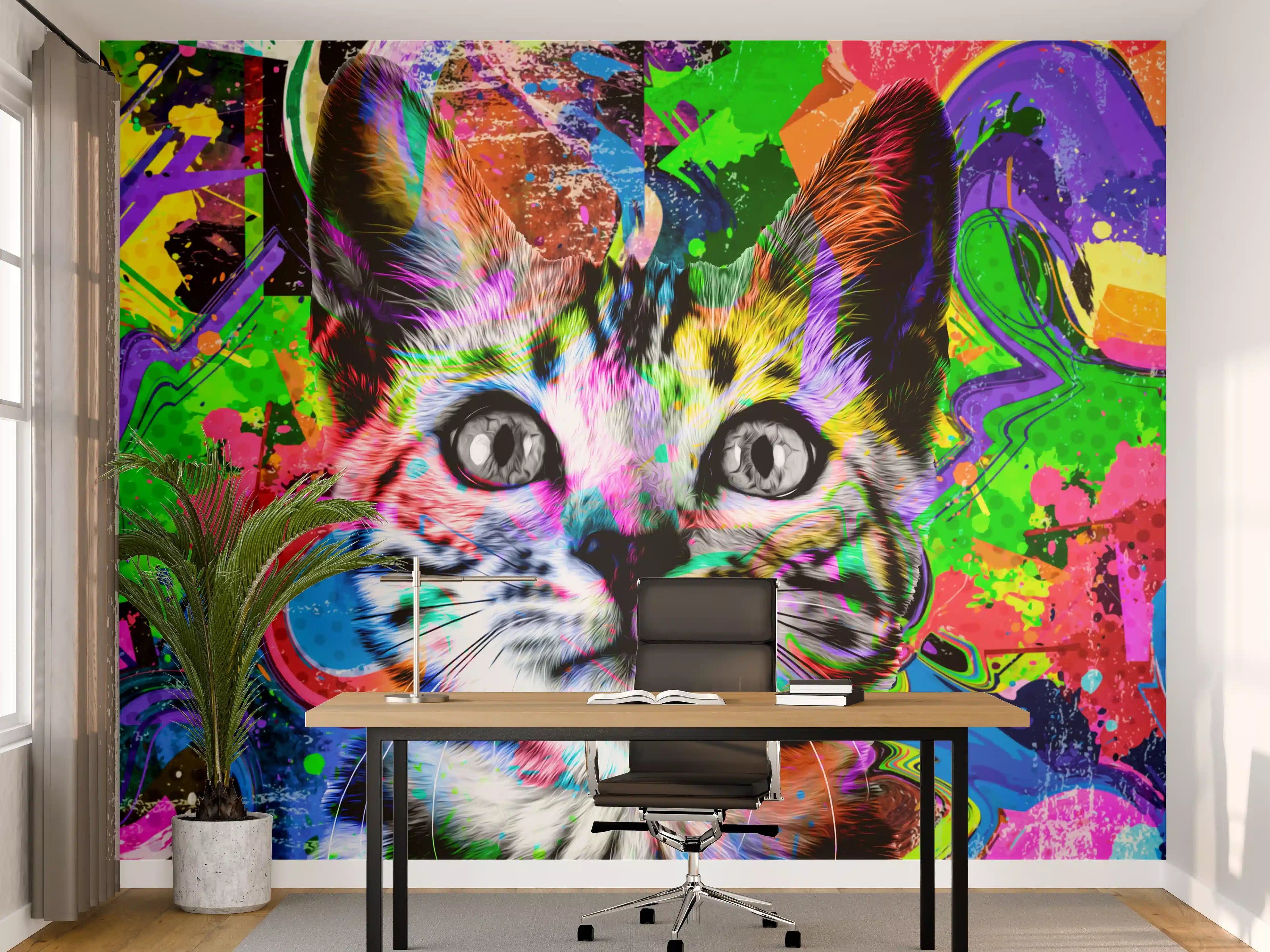 Büro Wandgestaltung - Bunter abstrakter Katzenkopf