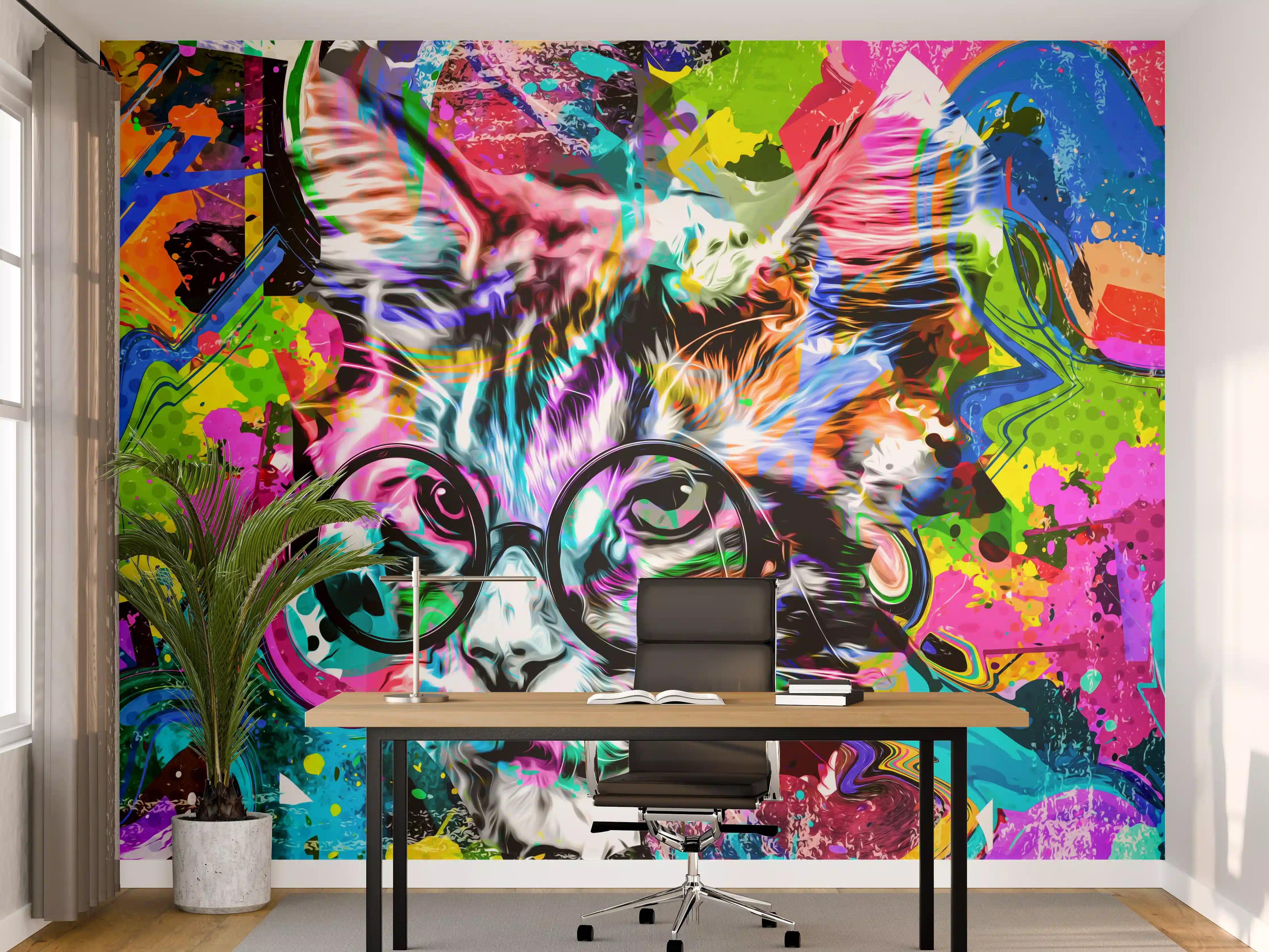 Büro Wandgestaltung - Bunter abstrakter Katzenkopf mit Brille 