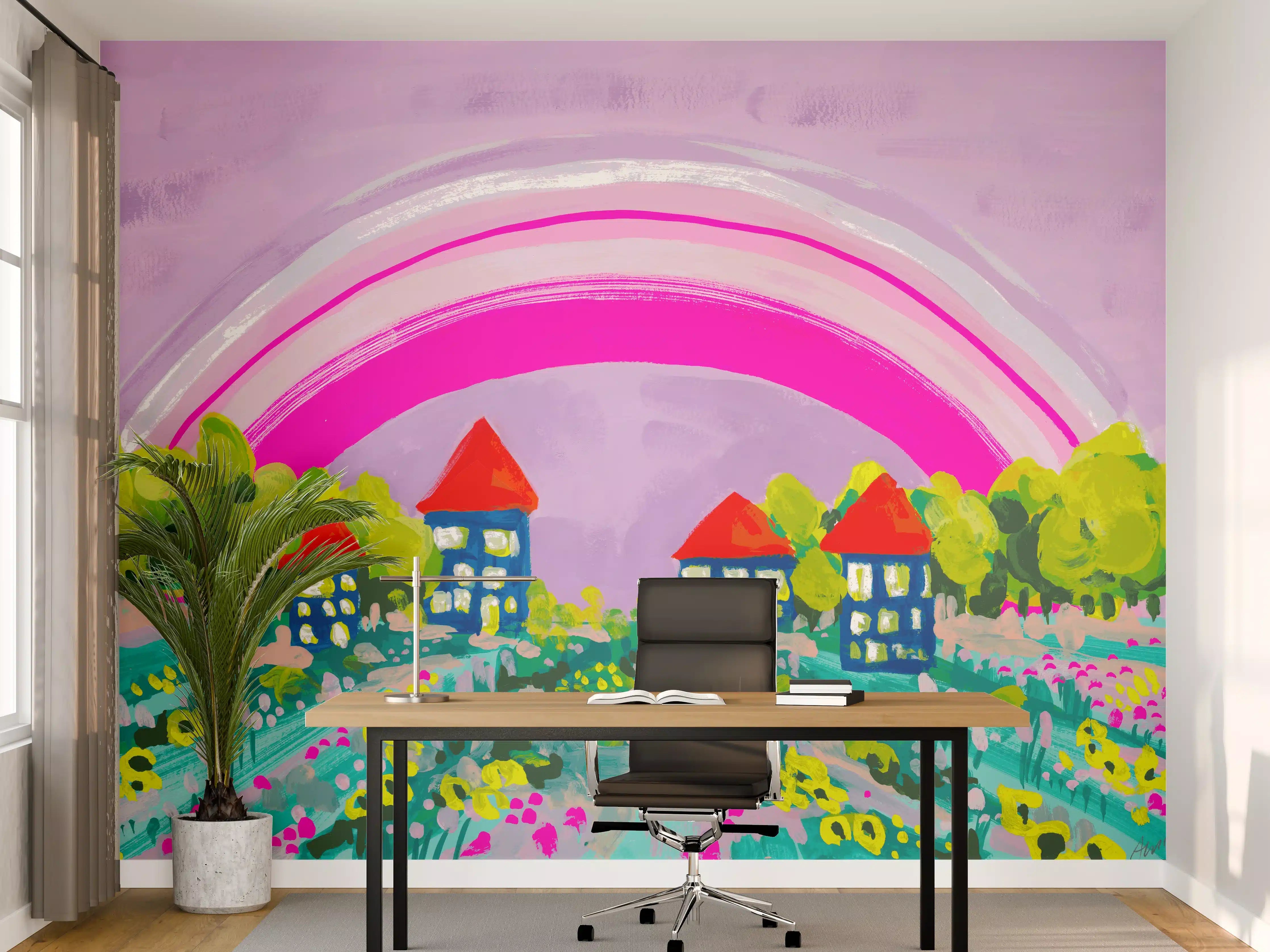 Büro Wandgestaltung - Buntes Dorf mit Regenbogen