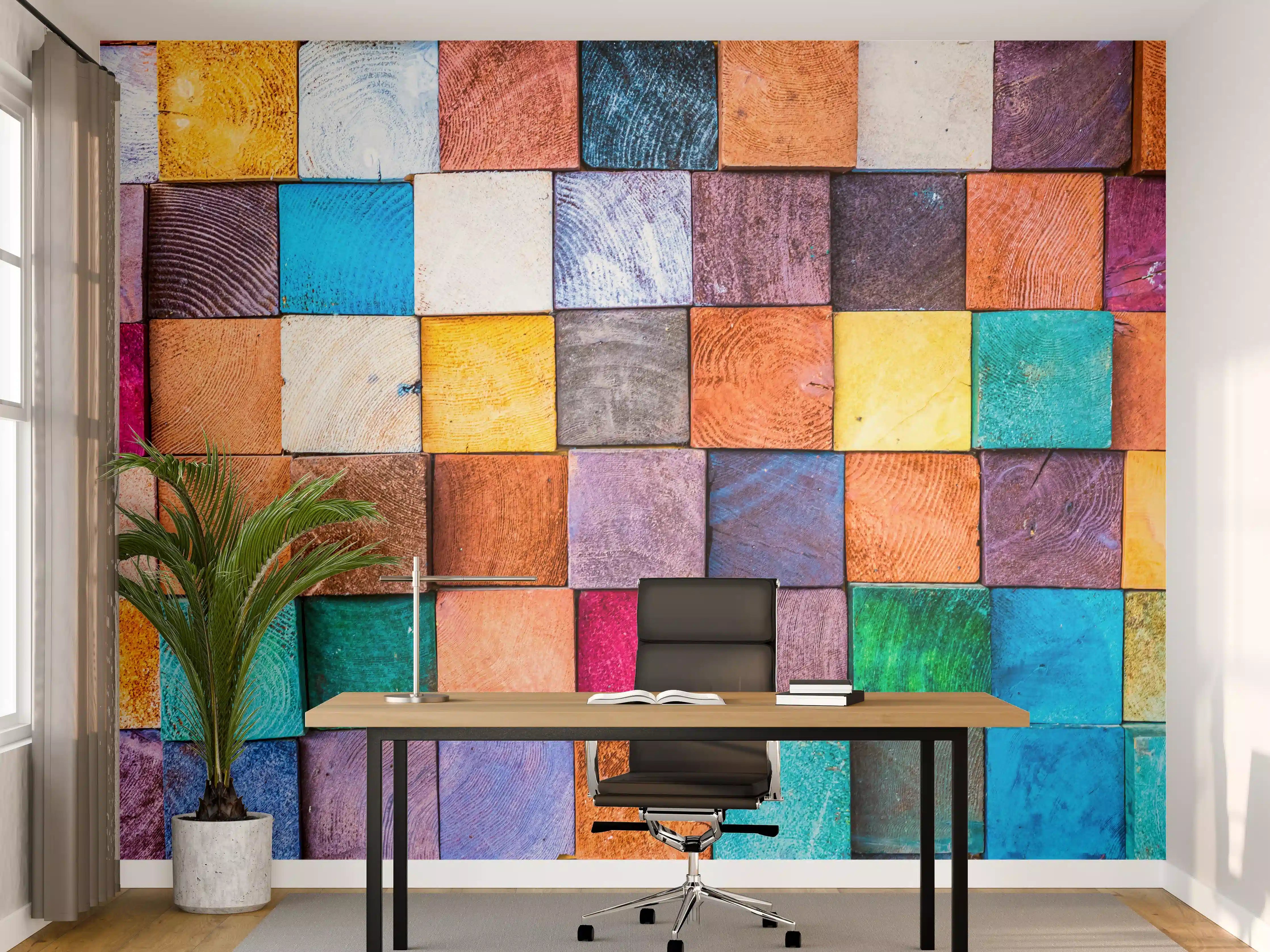 Büro Wandgestaltung - Buntes Holzstapelmuster