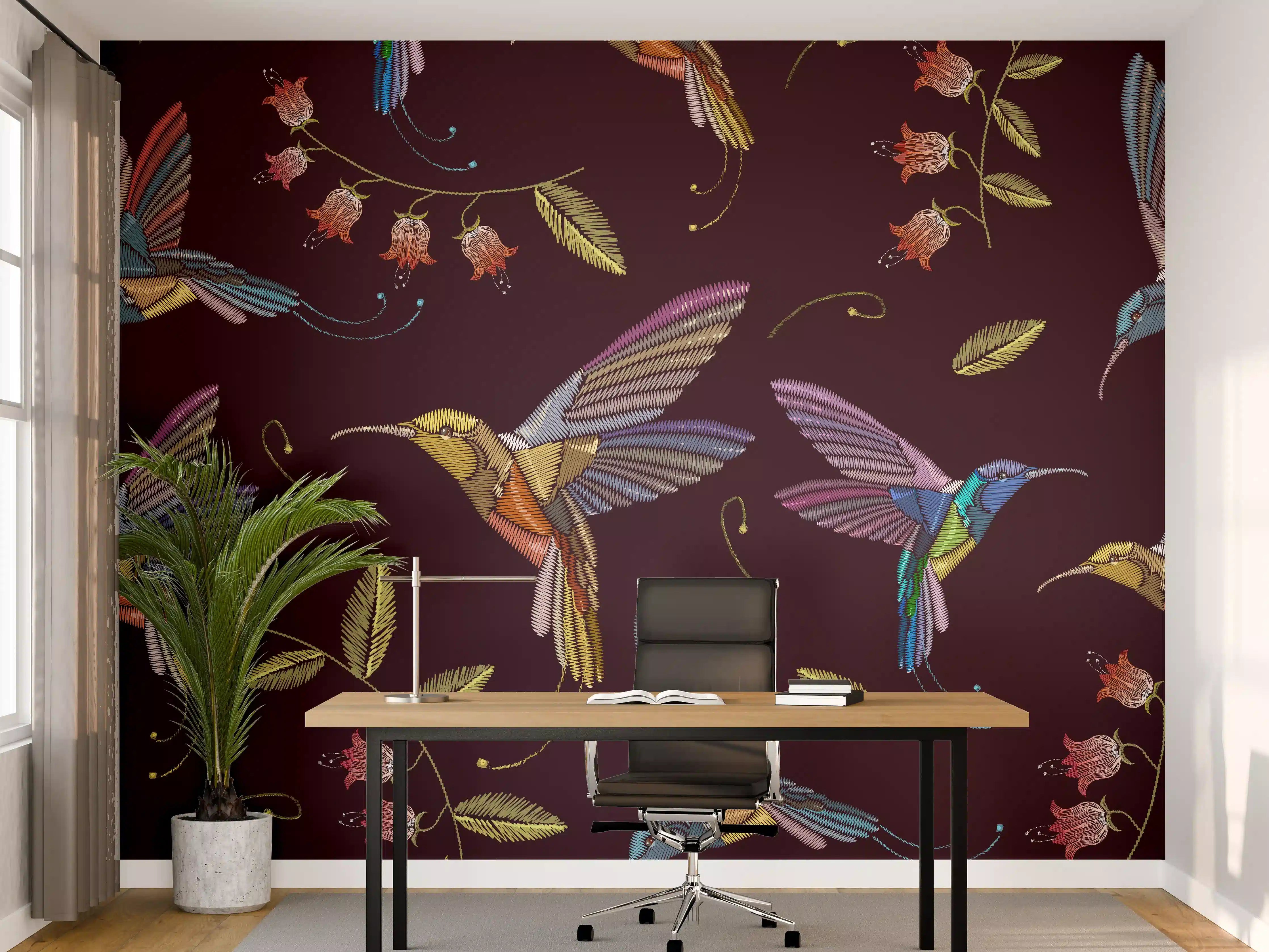 Büro Wandgestaltung - Buntes Kolibri Blumen Muster