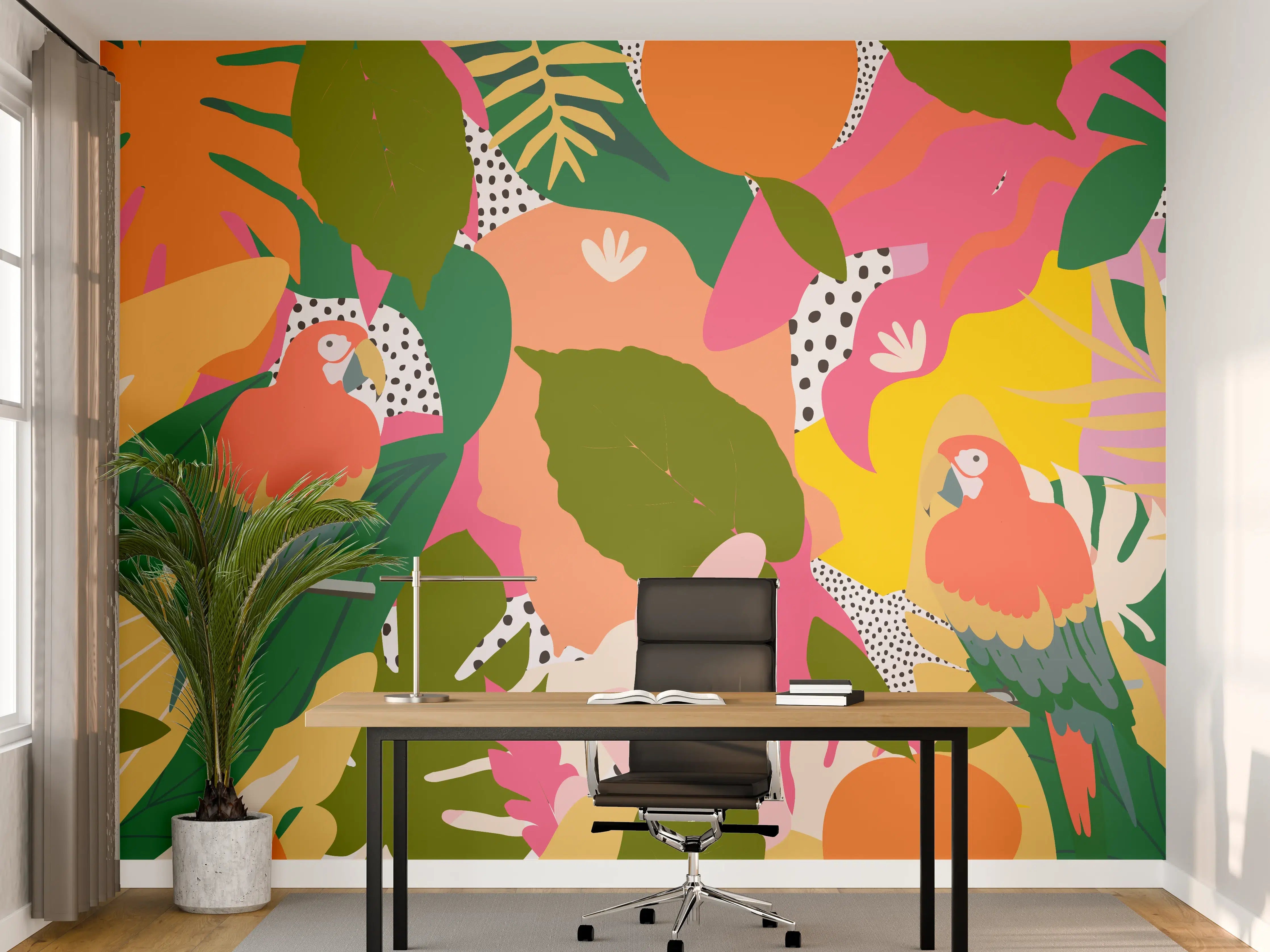 Büro Wandgestaltung - Buntes Papagei-Dschungelmuster