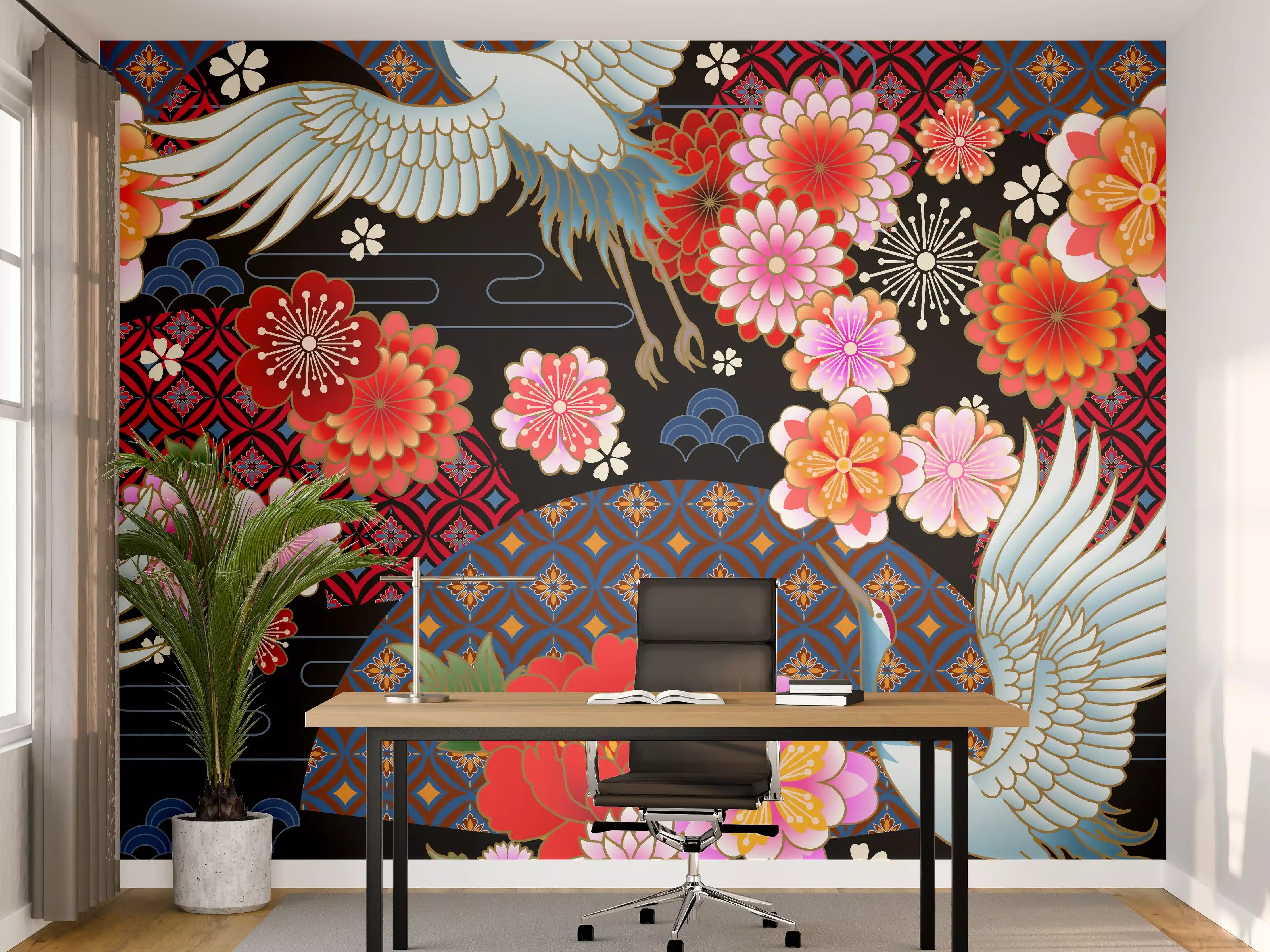 Büro Wandgestaltung - Buntes Vogel-Blumen-Muster