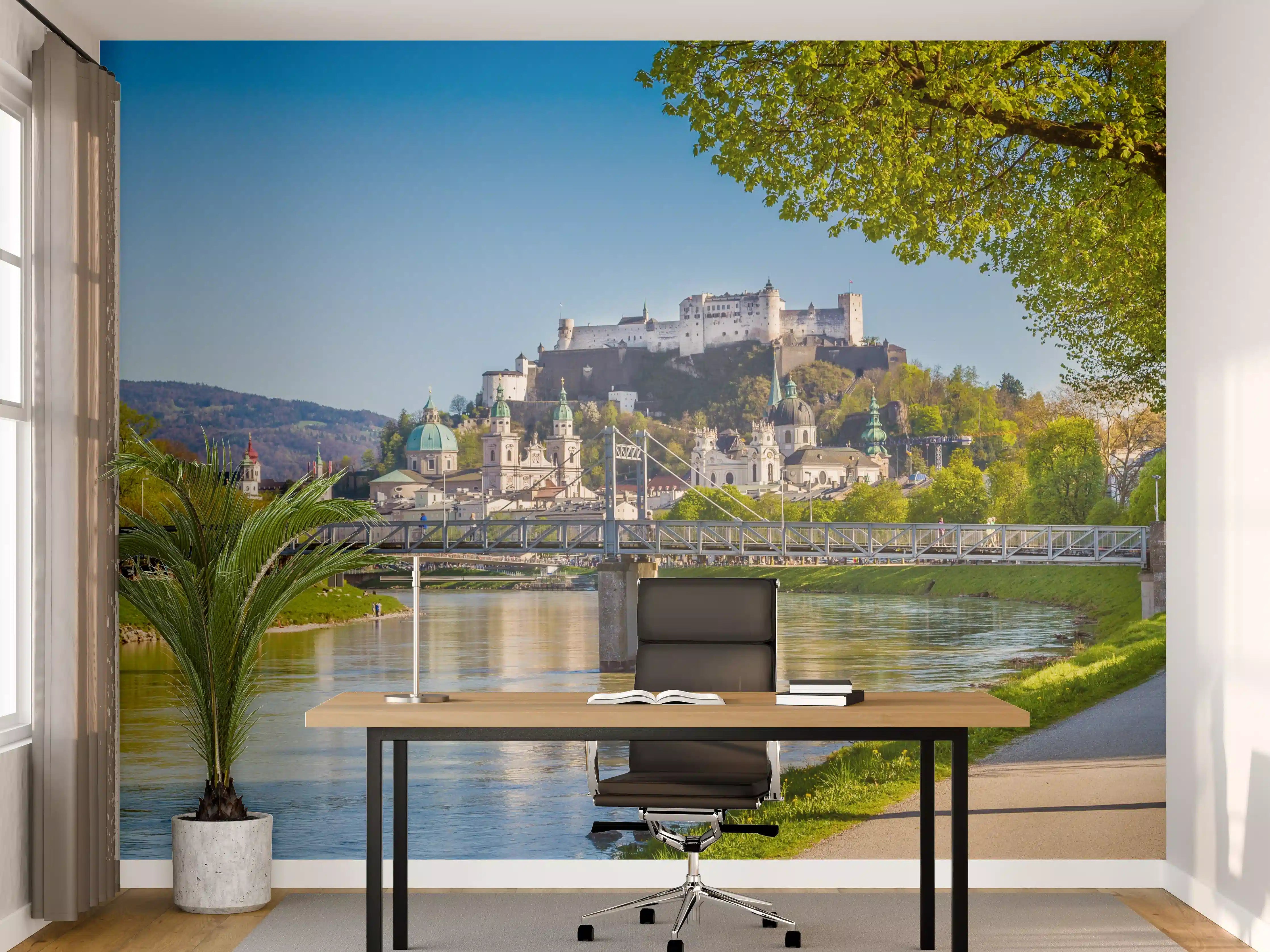 Büro Wandgestaltung - Burg und Fluss in der Stadt bei sonnigem Wetter