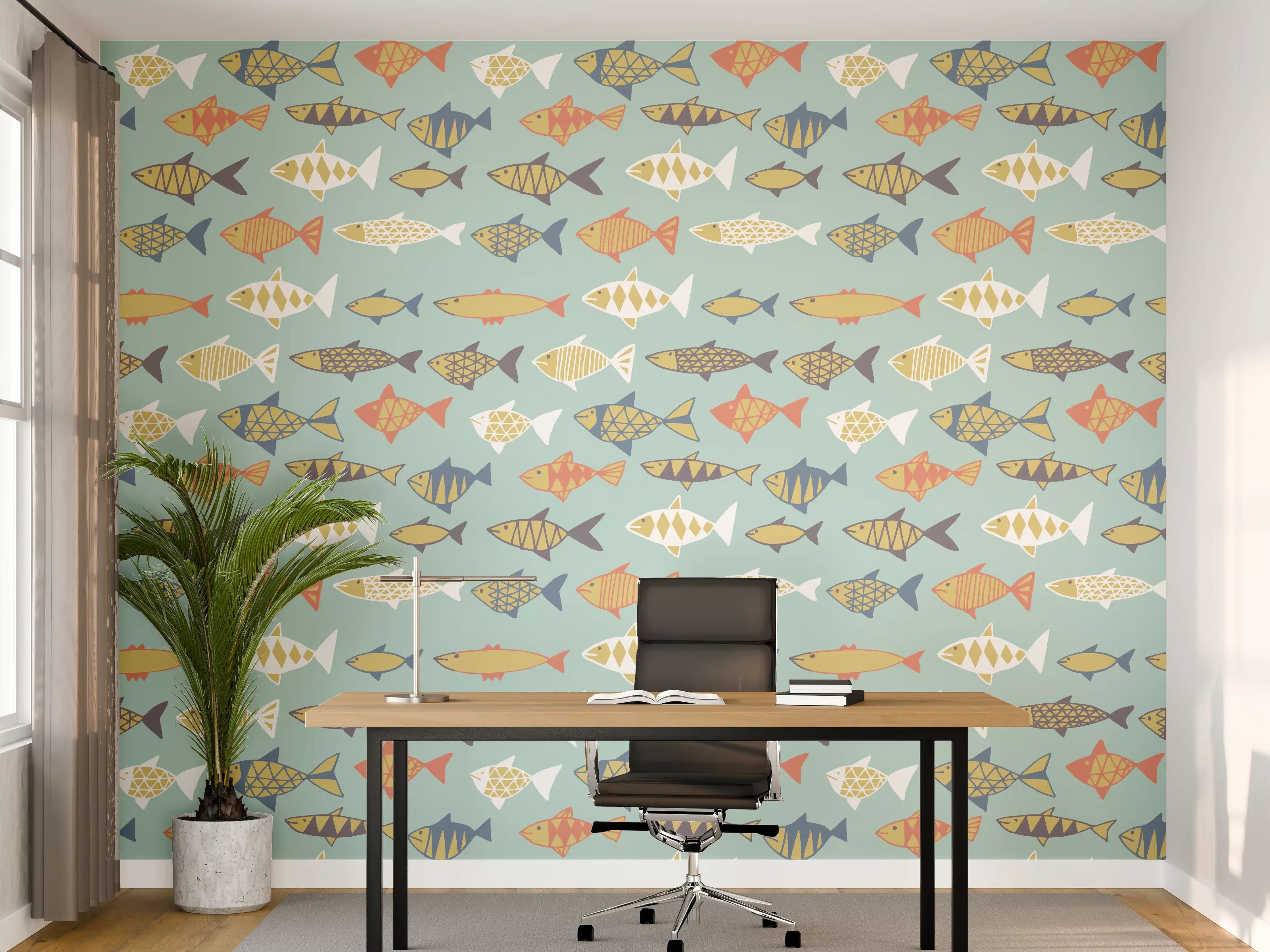 Büro Wandgestaltung - Cartoon-Fische Türkis-Orange Muster