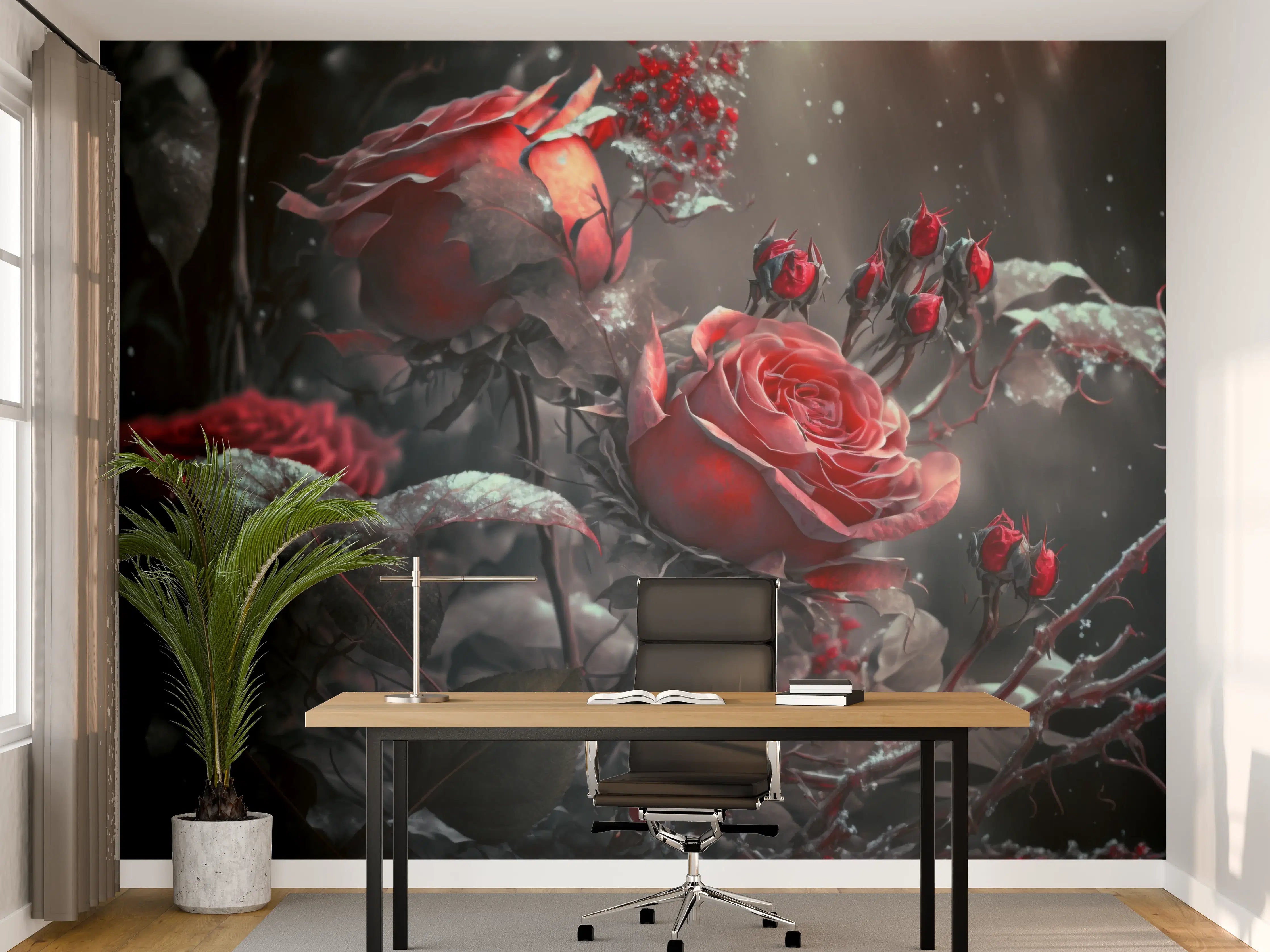 Büro Wandgestaltung - Dramatische Rosen- und Herz-Arrangements in dunklem Ambiente