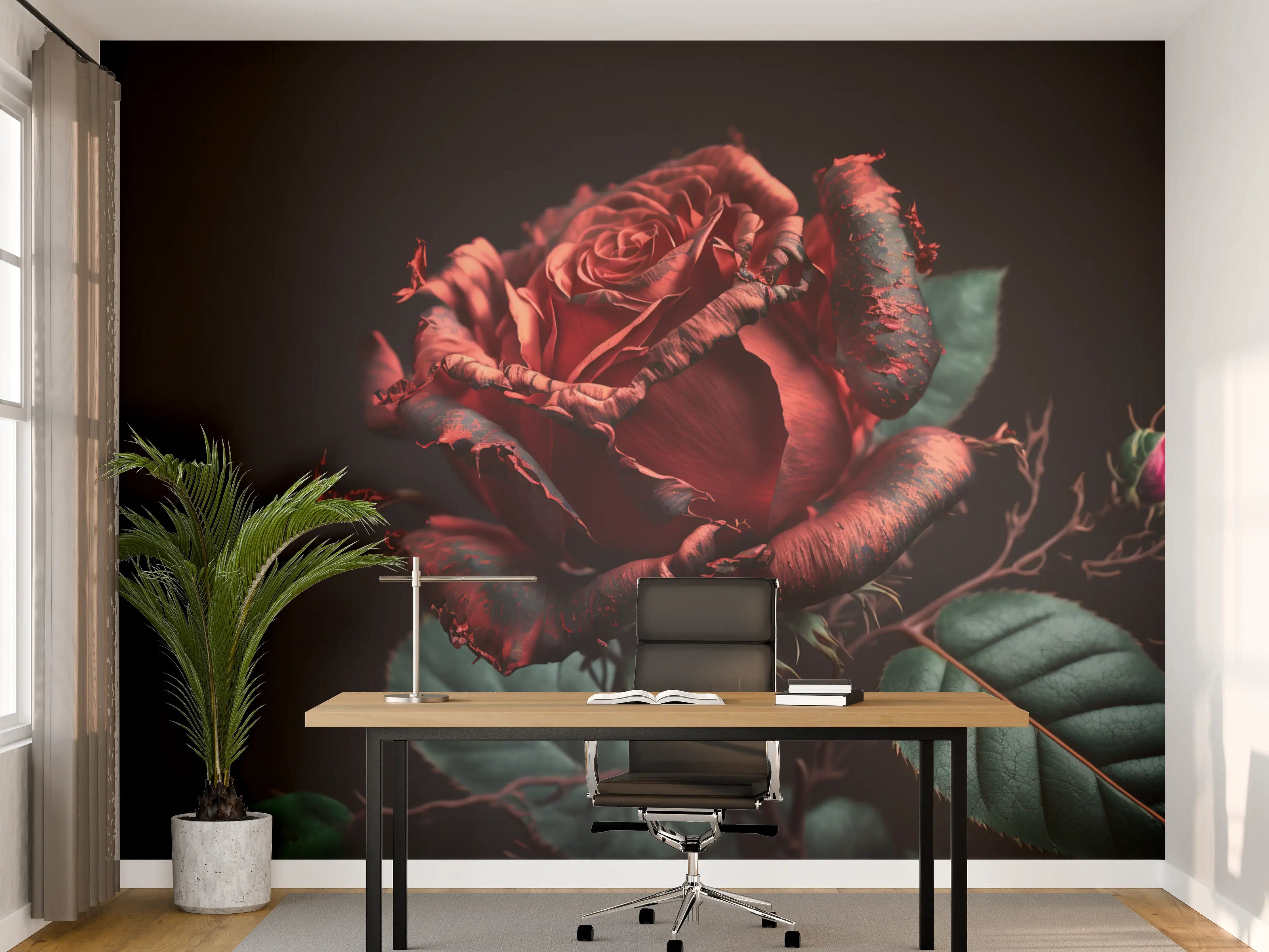 Büro Wandgestaltung - Dramatische rote Rose auf dunklem Hintergrund