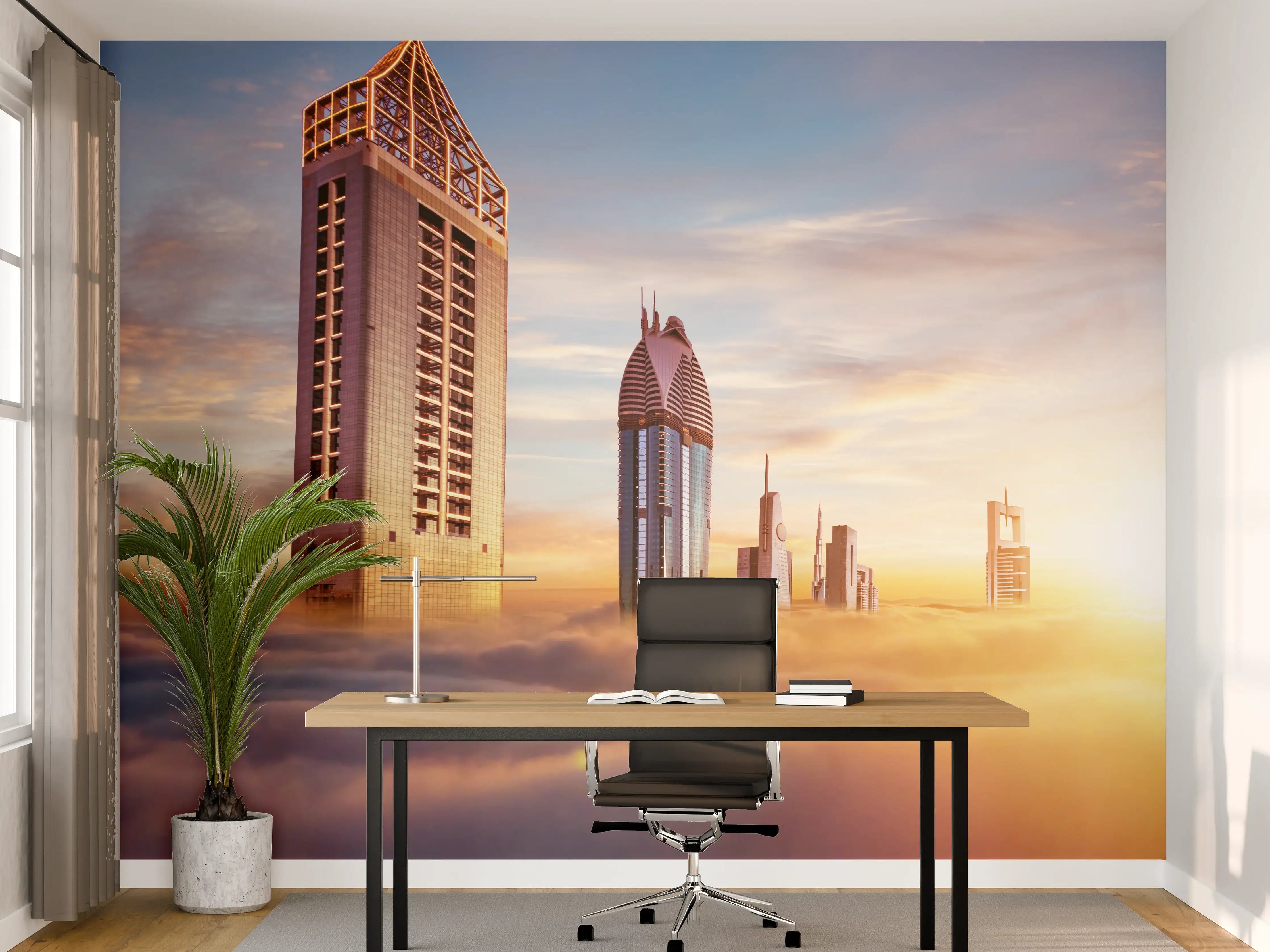Büro Wandgestaltung - Dubai Wolkenkratzer über den Wolken bei Sonnenaufgang