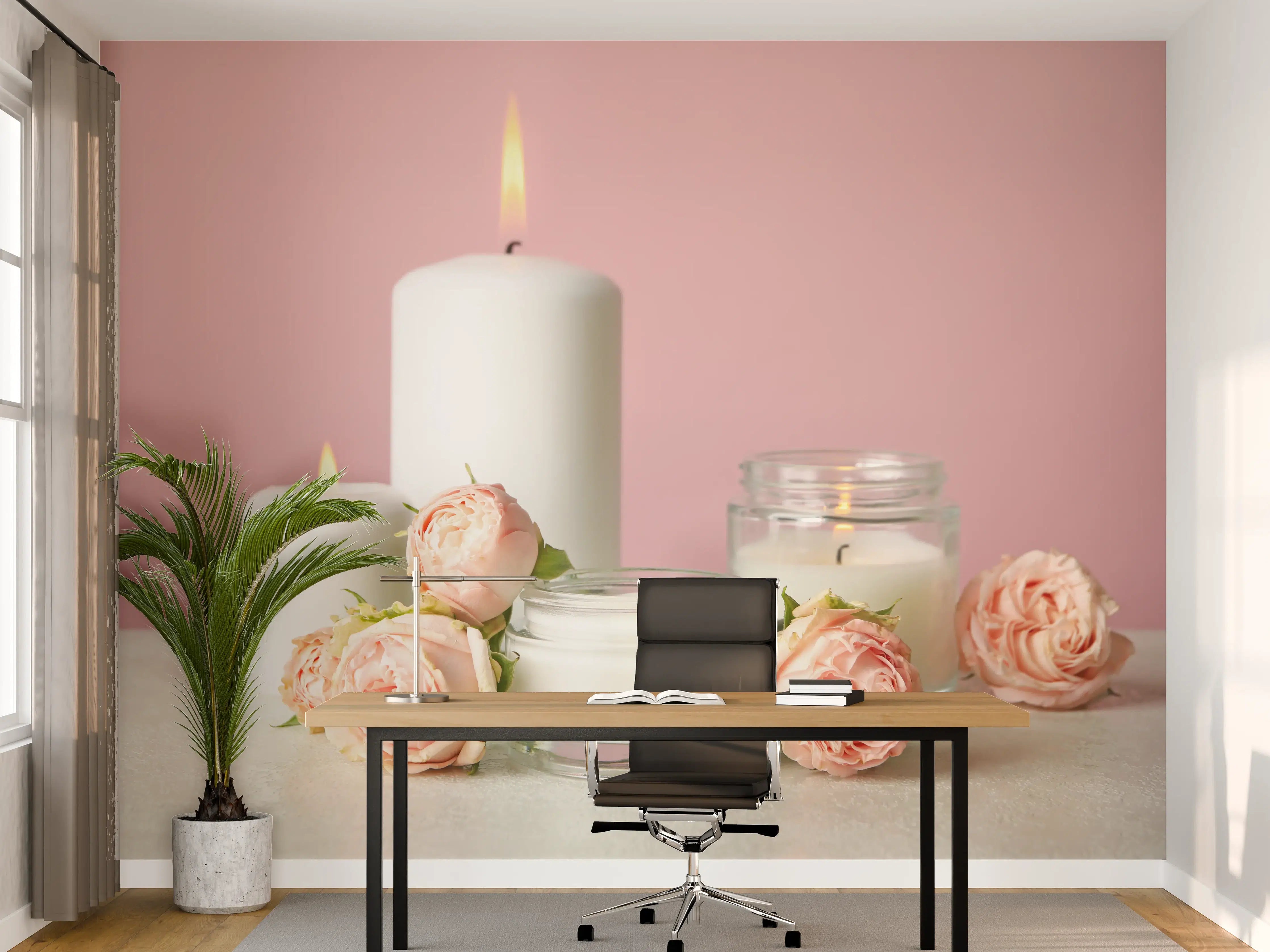 Büro Wandgestaltung - Duftkerzen und Rosen auf weißem Tisch 