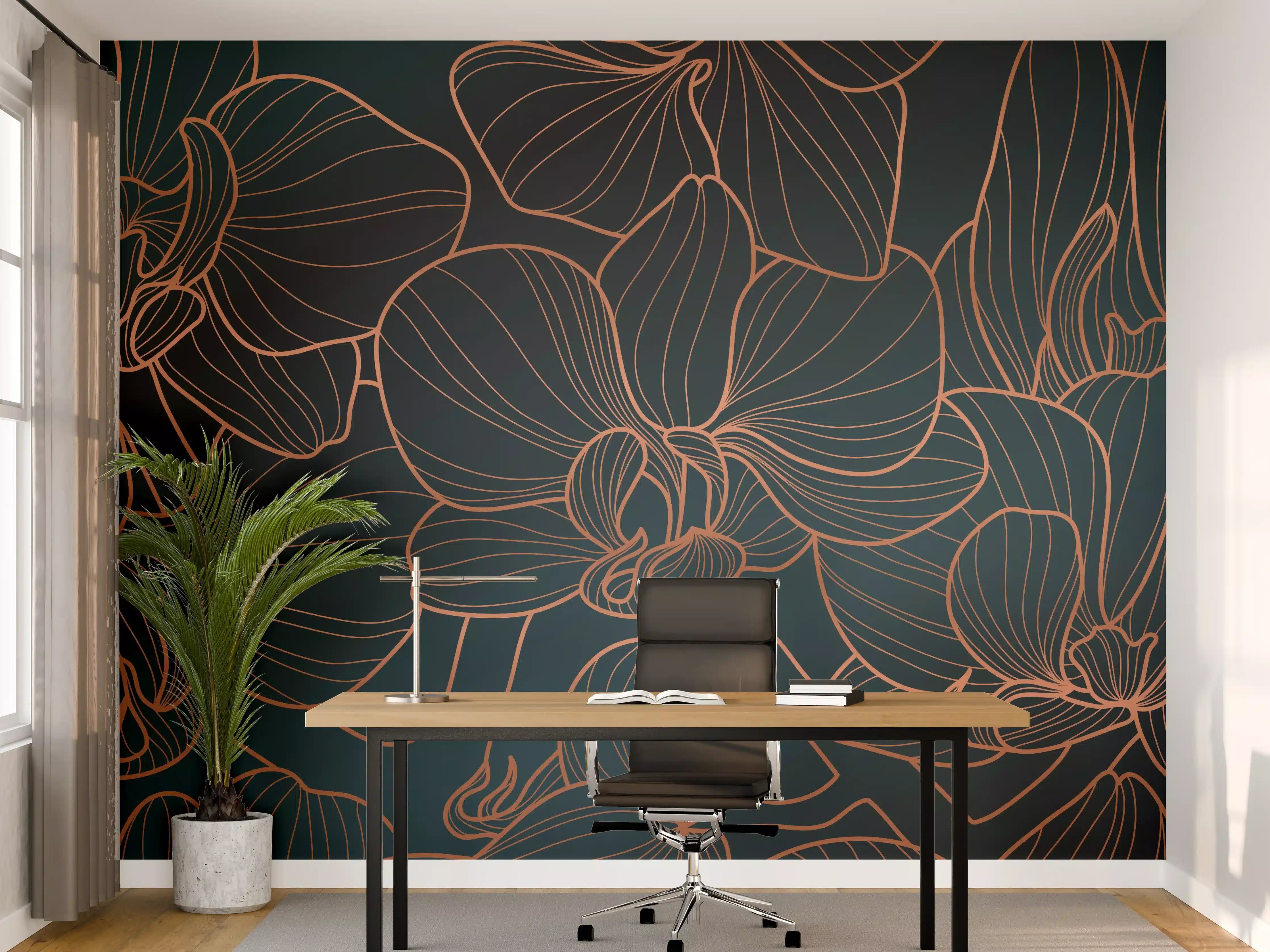 Büro Wandgestaltung - Dunkelblaue Floral Linien Kunst