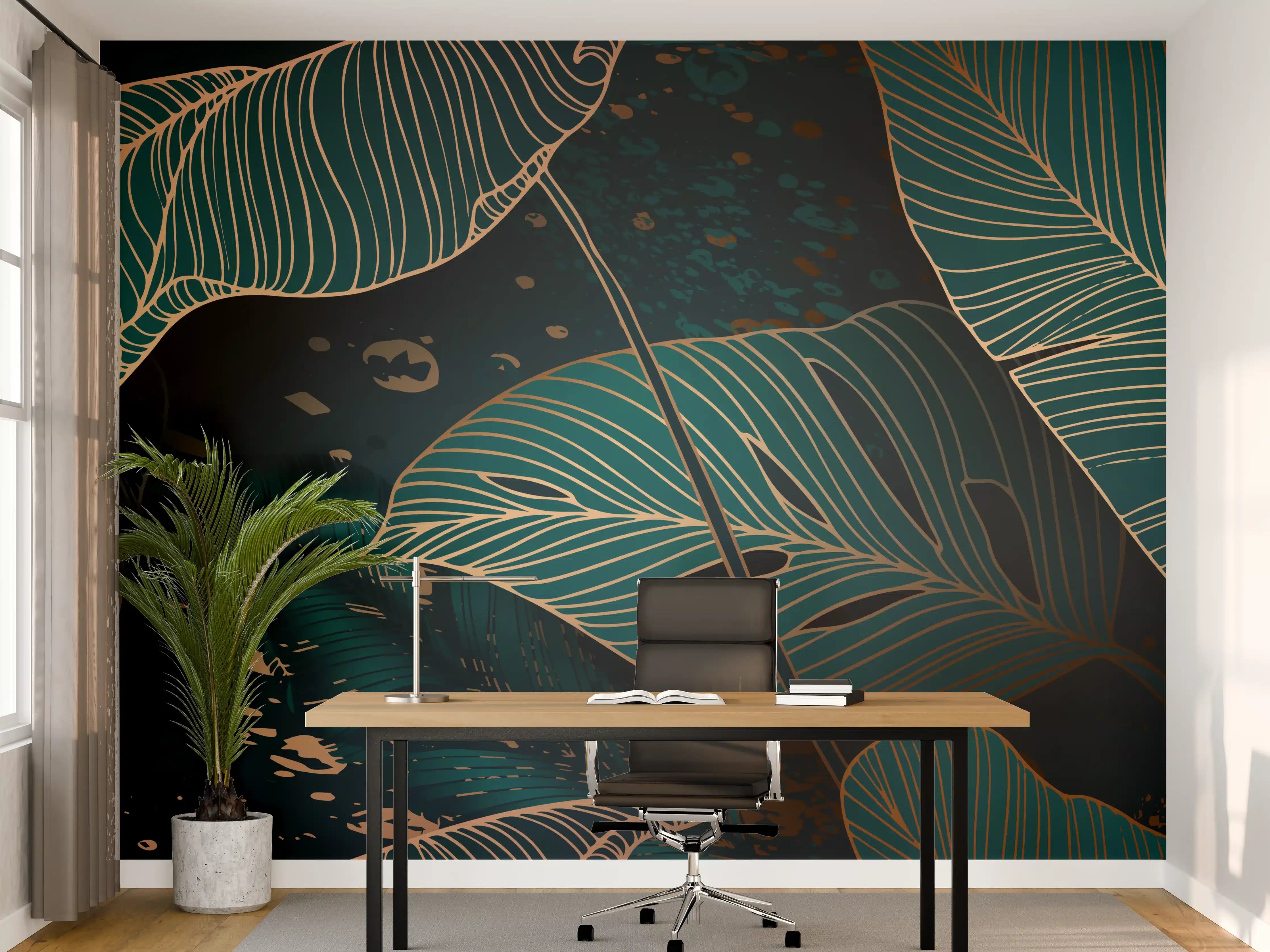 Büro Wandgestaltung - Dunkelgrüne Blätter Goldakzent