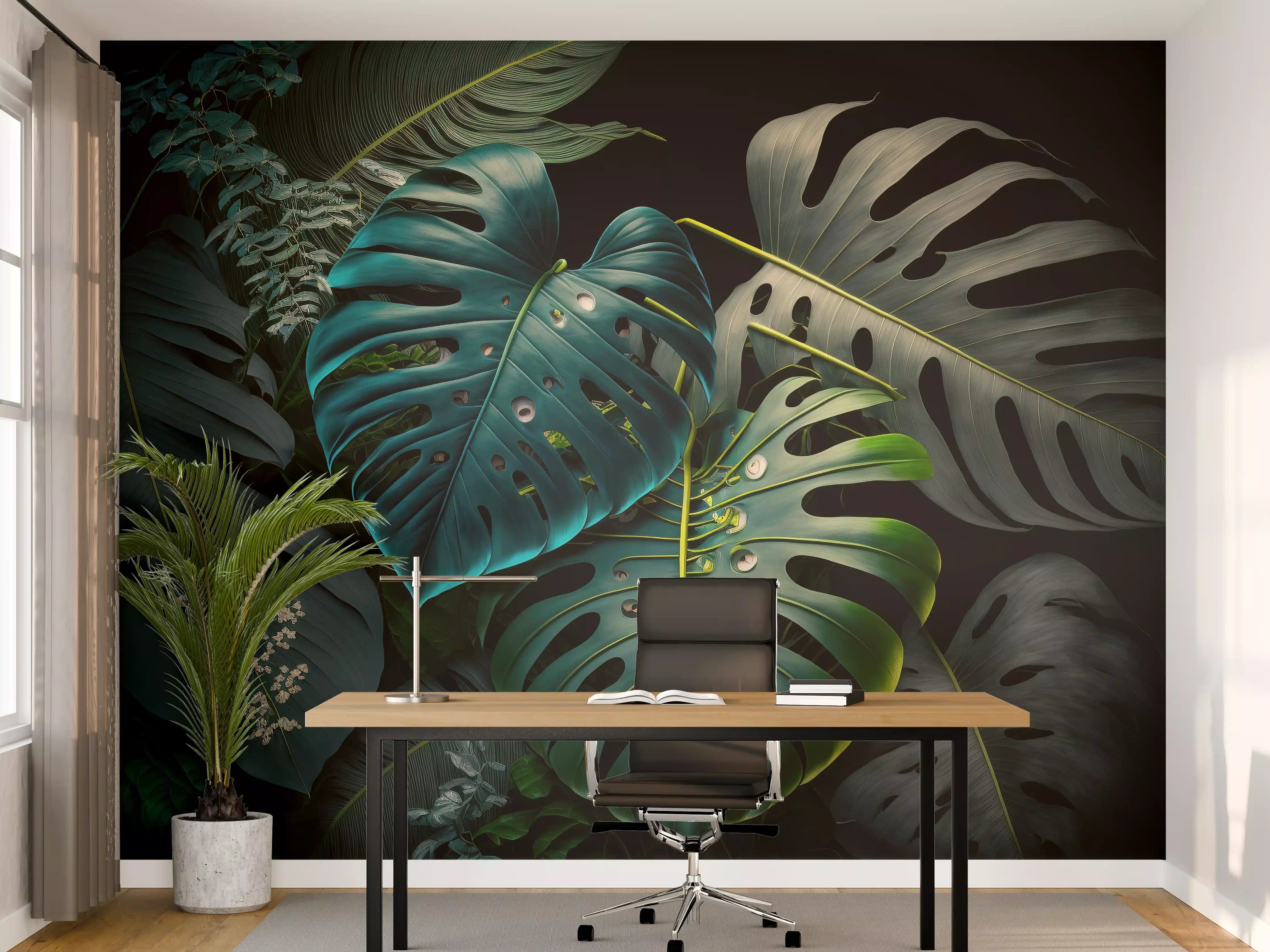 Büro Wandgestaltung - Dunkelgrüne tropische Blätter auf schwarzem Hintergrund