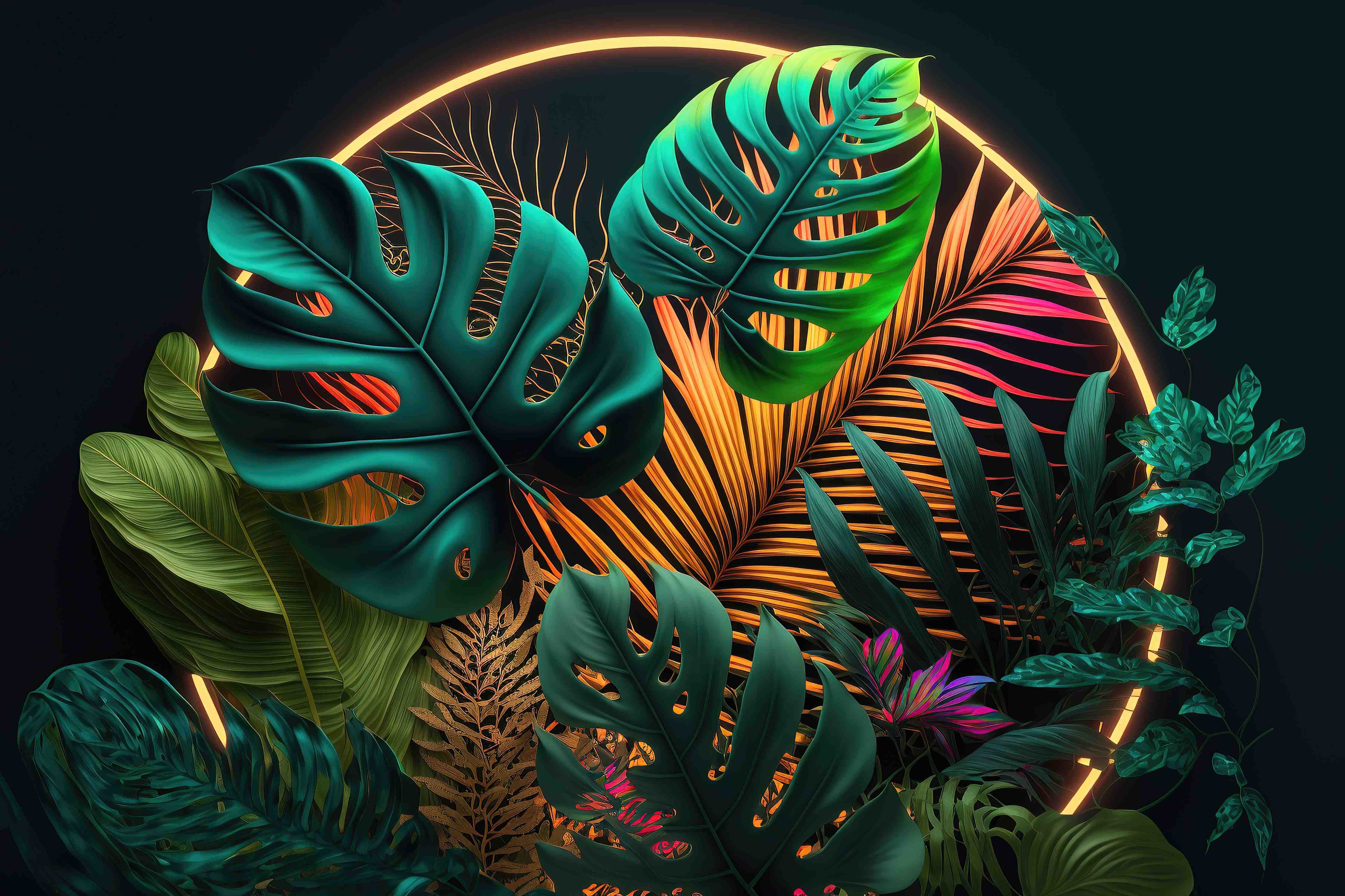 Büro Wandgestaltung-Dunkelgrüne tropische Blätter buntes Neonlicht