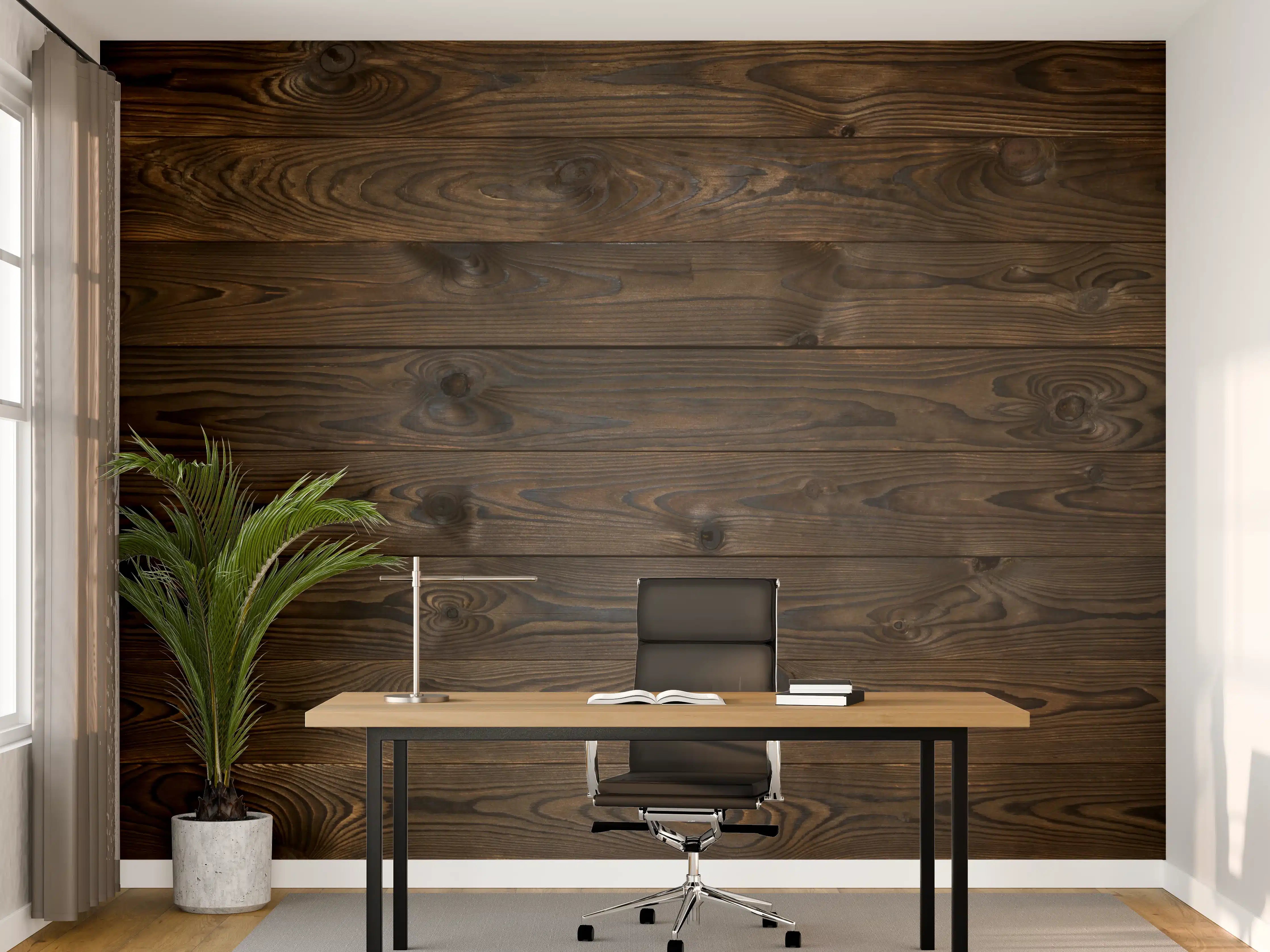 Büro Wandgestaltung - Dunkle Holzvertäfelung mit markanten Maserungen