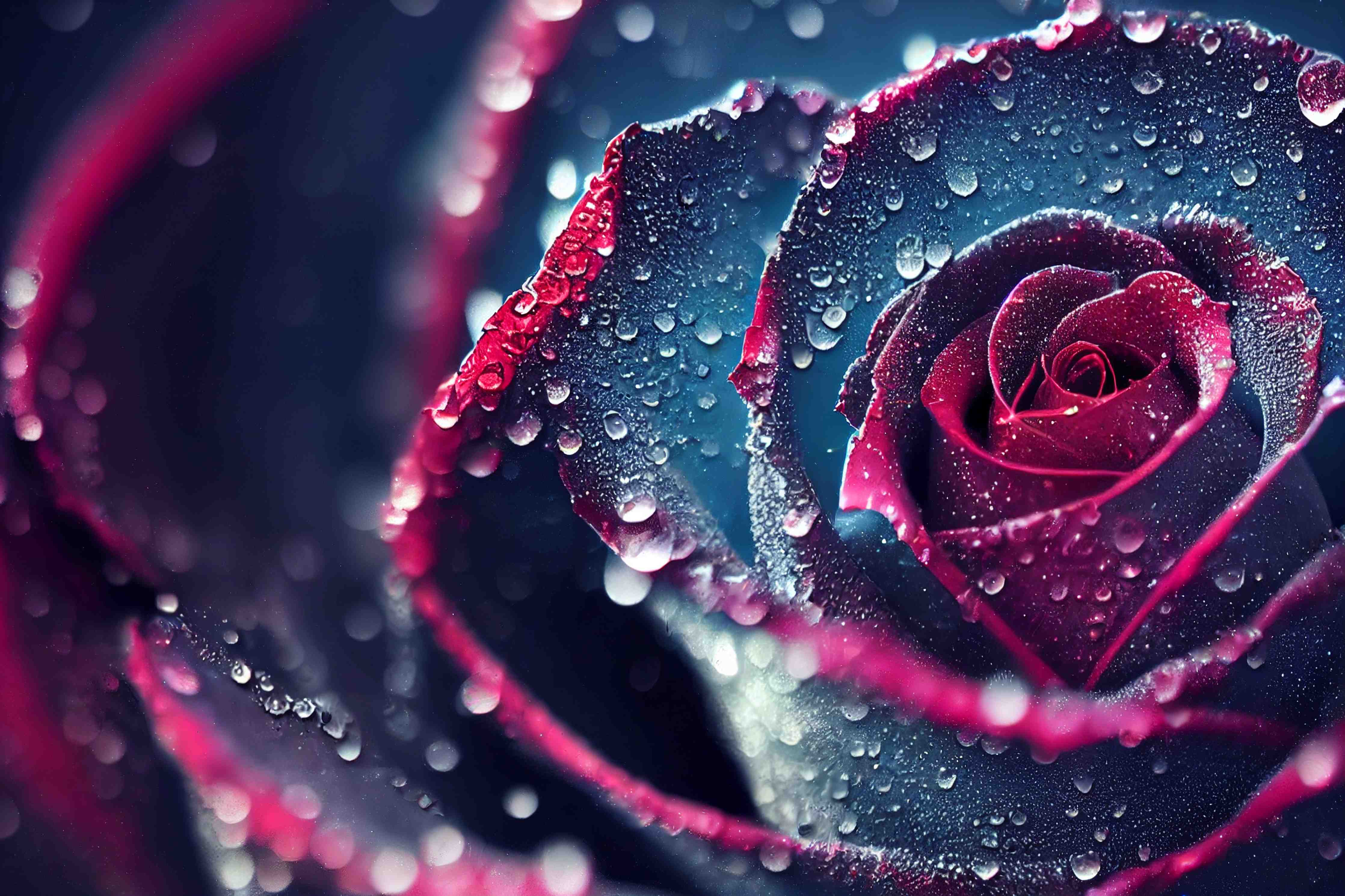 Büro Wandgestaltung-Dunkle Rose mit Wassertröpfchen, Tiefblau und Purpur