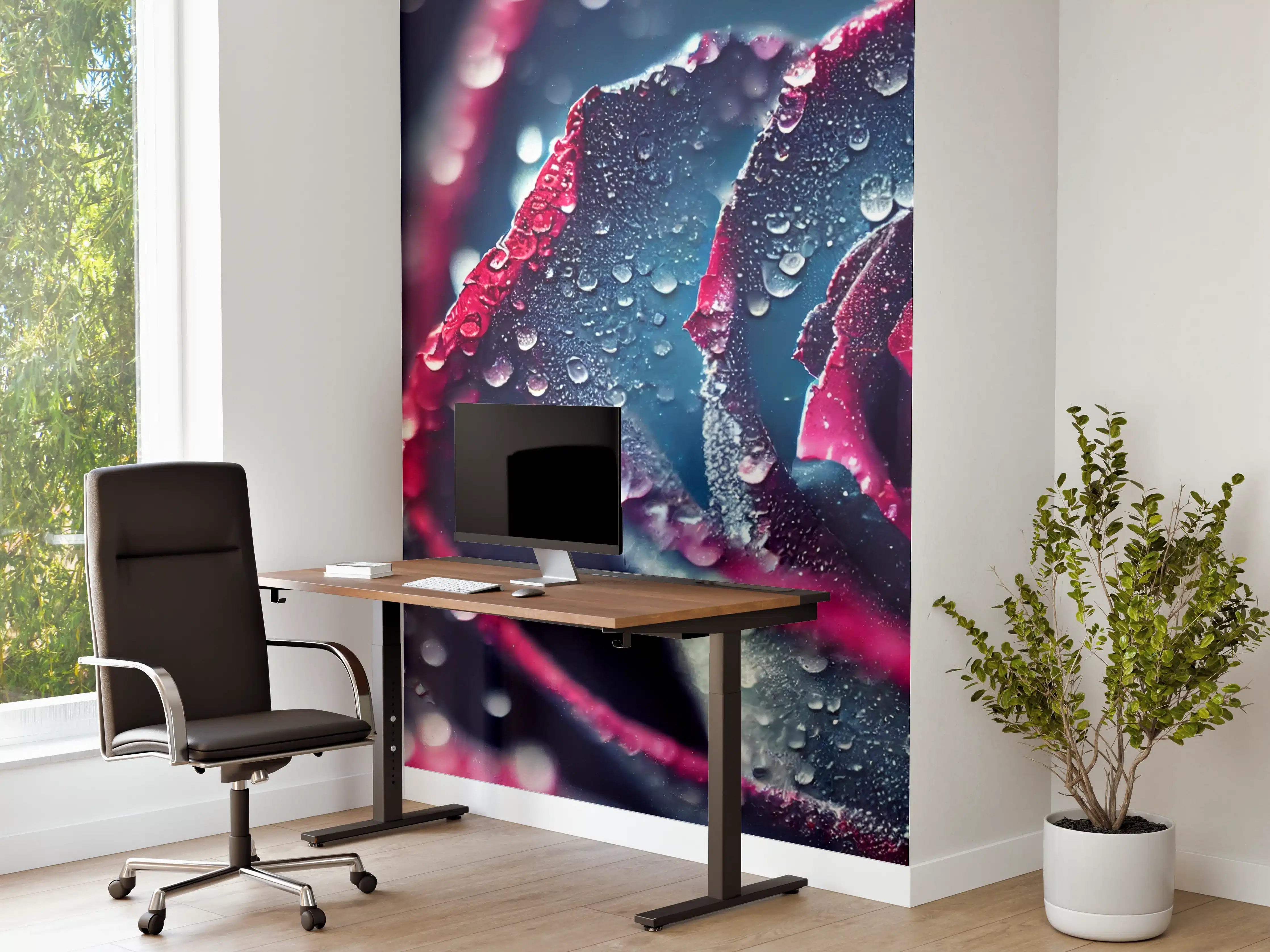 Büro Wandgestaltung - Dunkle Rose mit Wassertröpfchen, Tiefblau und Purpur